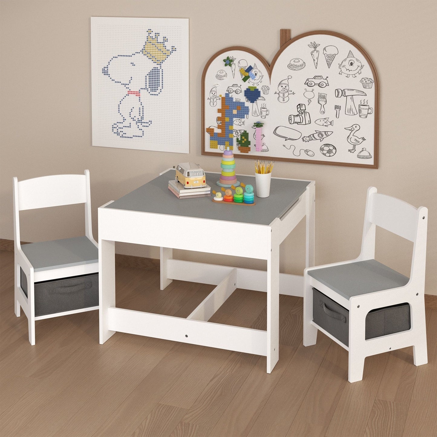 Kids Table And Chair Set, 3 In 1 Activity Table With Storage Drawer For Toddlers Drawing, Reading, Crafts, 2 In 1 Detachable Top - White
