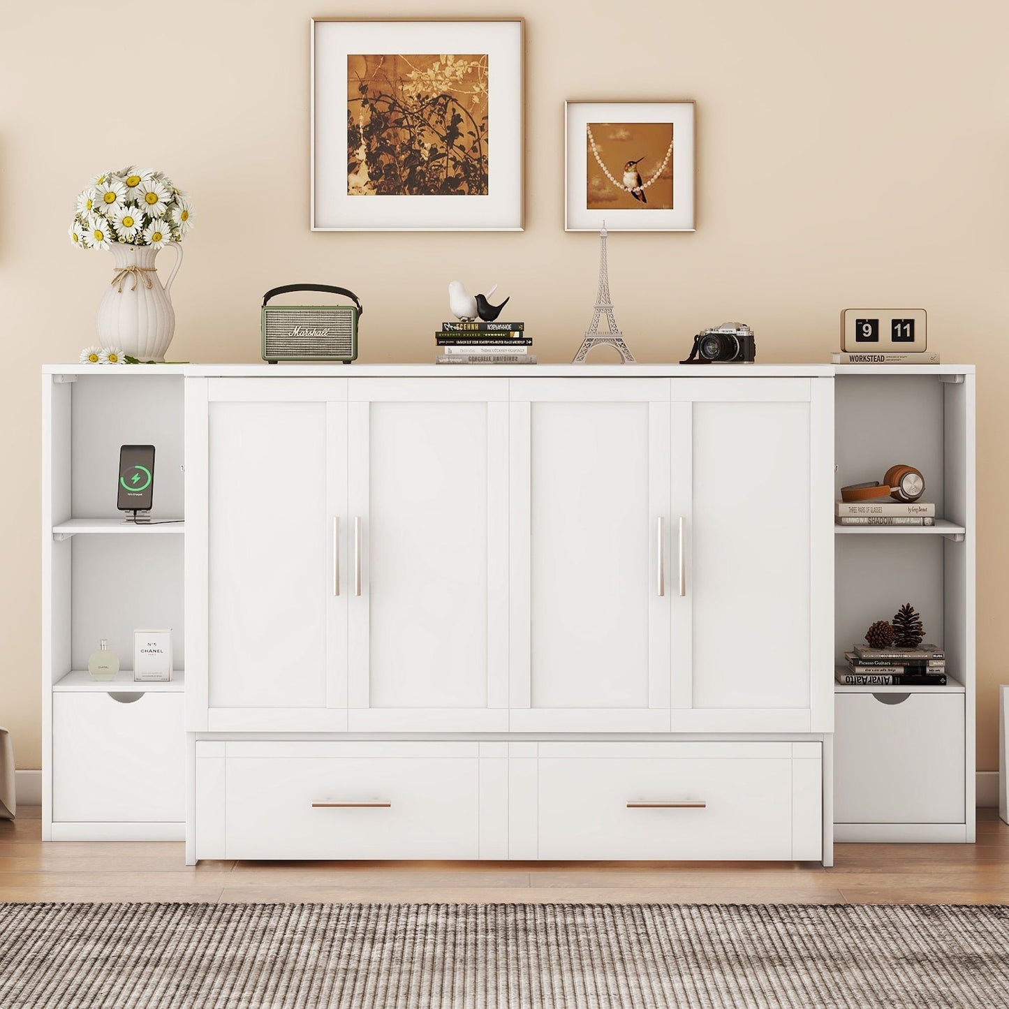 Murphy Bed With Shelves, Drawers And USB Ports
