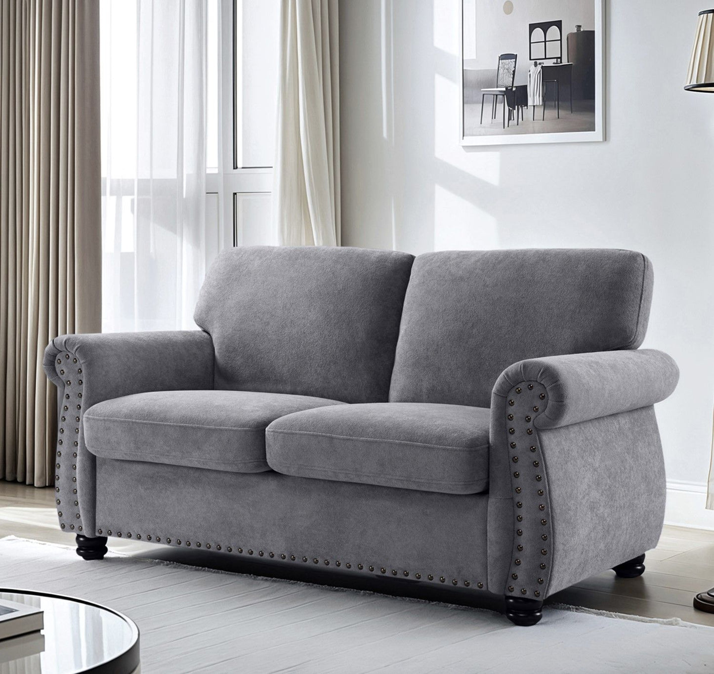 Soft Loveseat, Upholstered 2 Seater Couch, Loose Back Cushions And Turned Legs