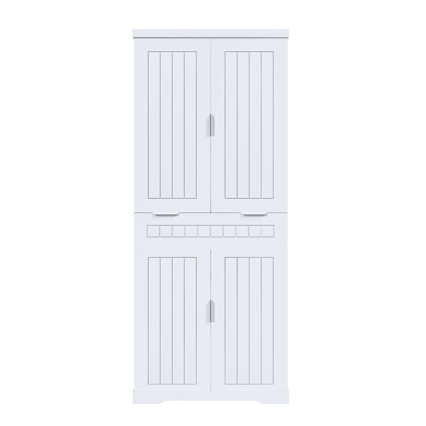 Farmhouse Style Pantry Cabinet With Drawer 2 Cabinets & 6 Door Shelves Adjustable Shelves Freestanding Cupboard - White