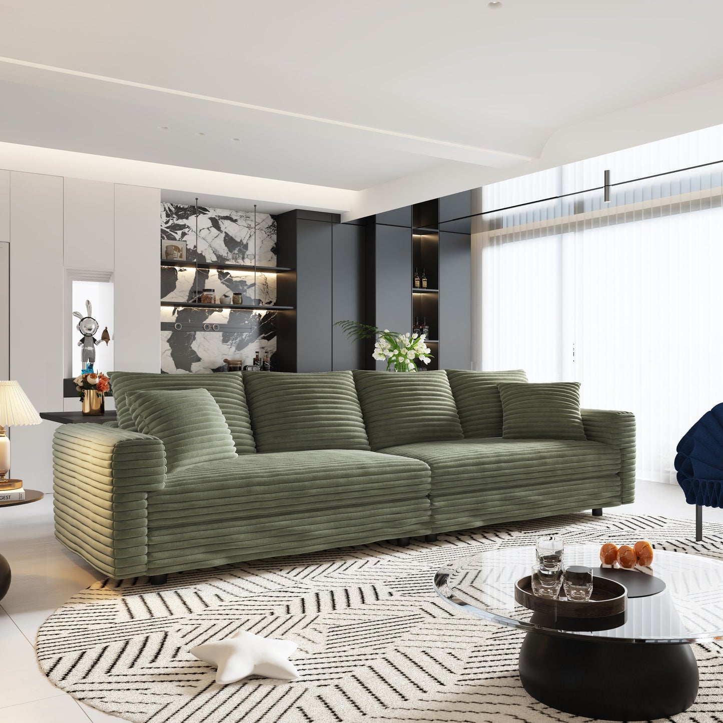 Plush Corduroy 4 Seat Sofa, Modern Comfy Upholstered Sofa Cloud Couch, Deep Seat Couches With Soft Pillows