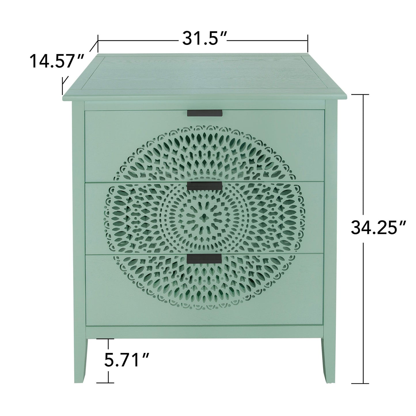 3 Drawer Storage Cabinet With Hollow Carved Design And Metal Handles, Chest For Entryway, Living Room Or Bedroom - Light Green