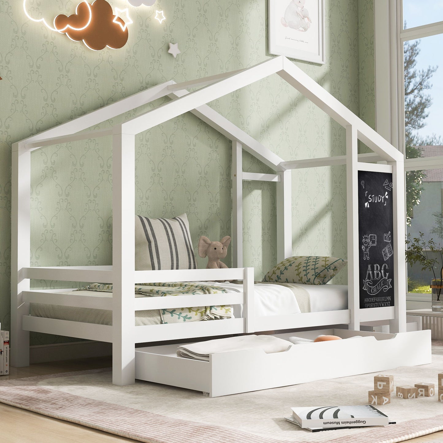 Twin House Bed With Blackboard And Drawers, 2 Assembly Options - White
