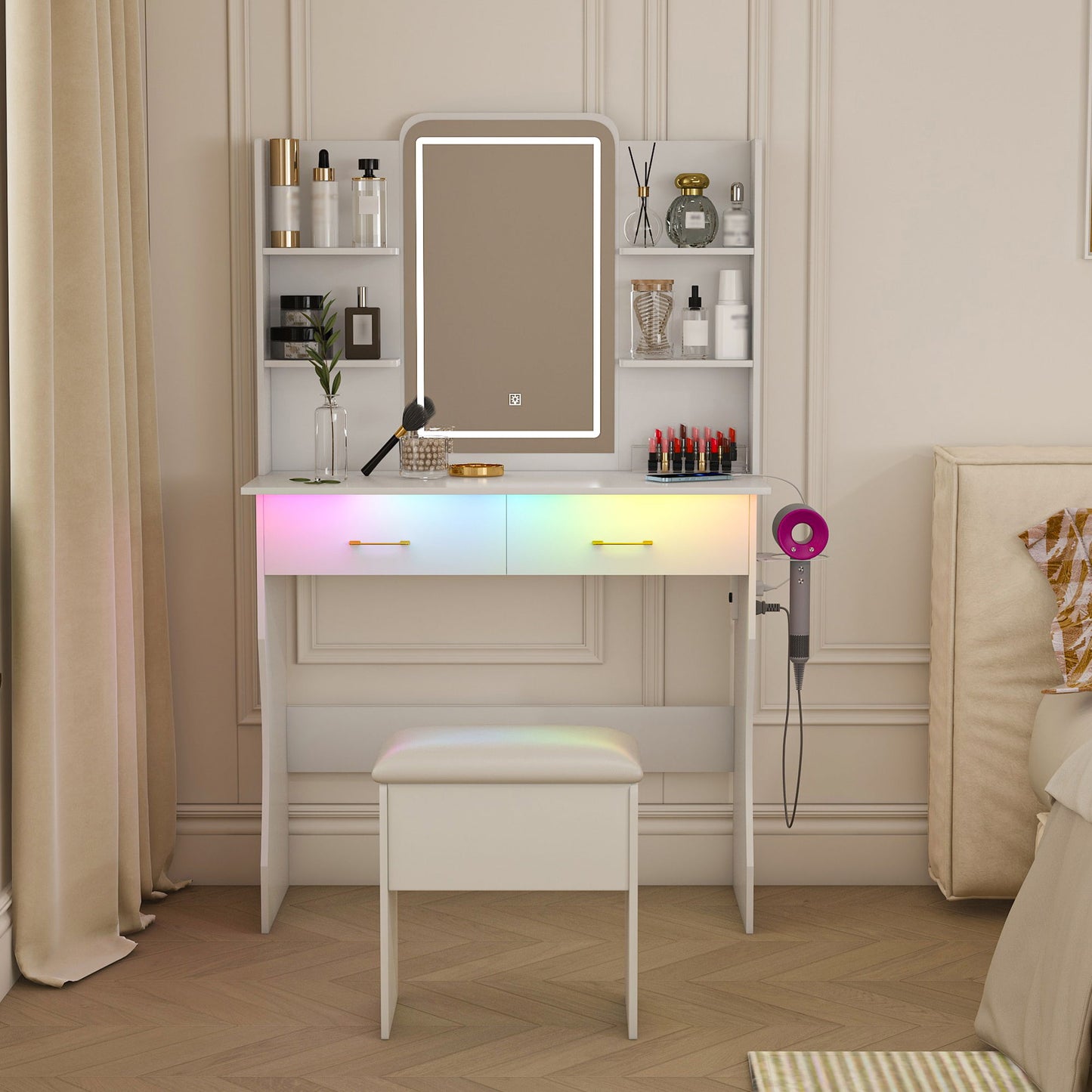 Vanity Desk With LED Lights Mirror, Power Outlet, Storage Drawers & Chair - White