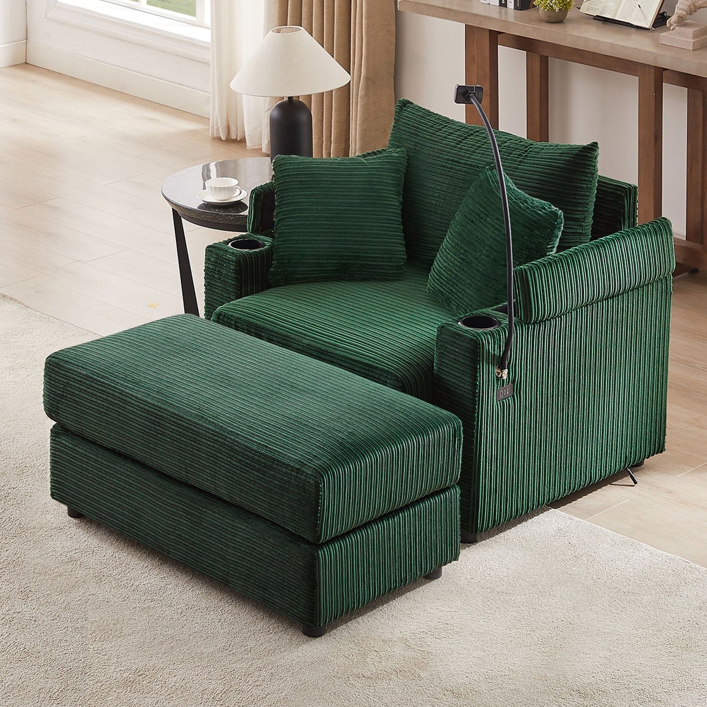 Single Sofa Couch With Storage Space, Movable Ottoman, USB Ports, Cup Holders, Phone Holder