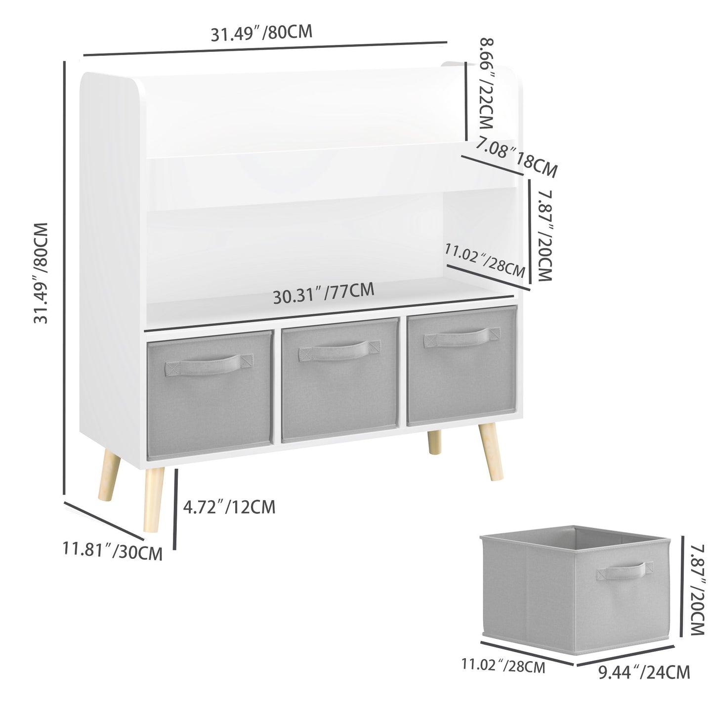 Bookshelf With 3 Bins, Storage Shelf For Toys And Books - White