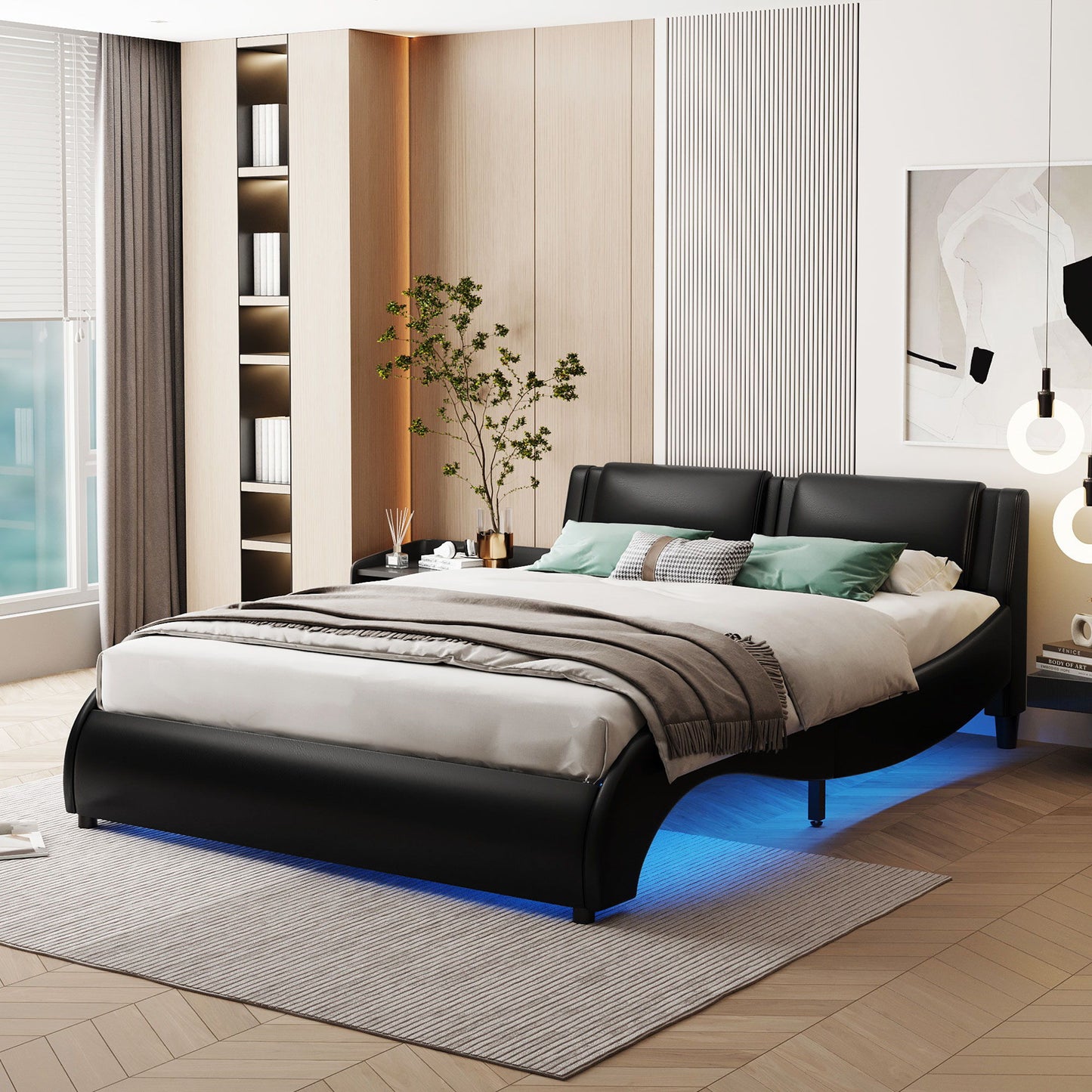 Upholstered Platform Bed With LED Light, Frame Slatted