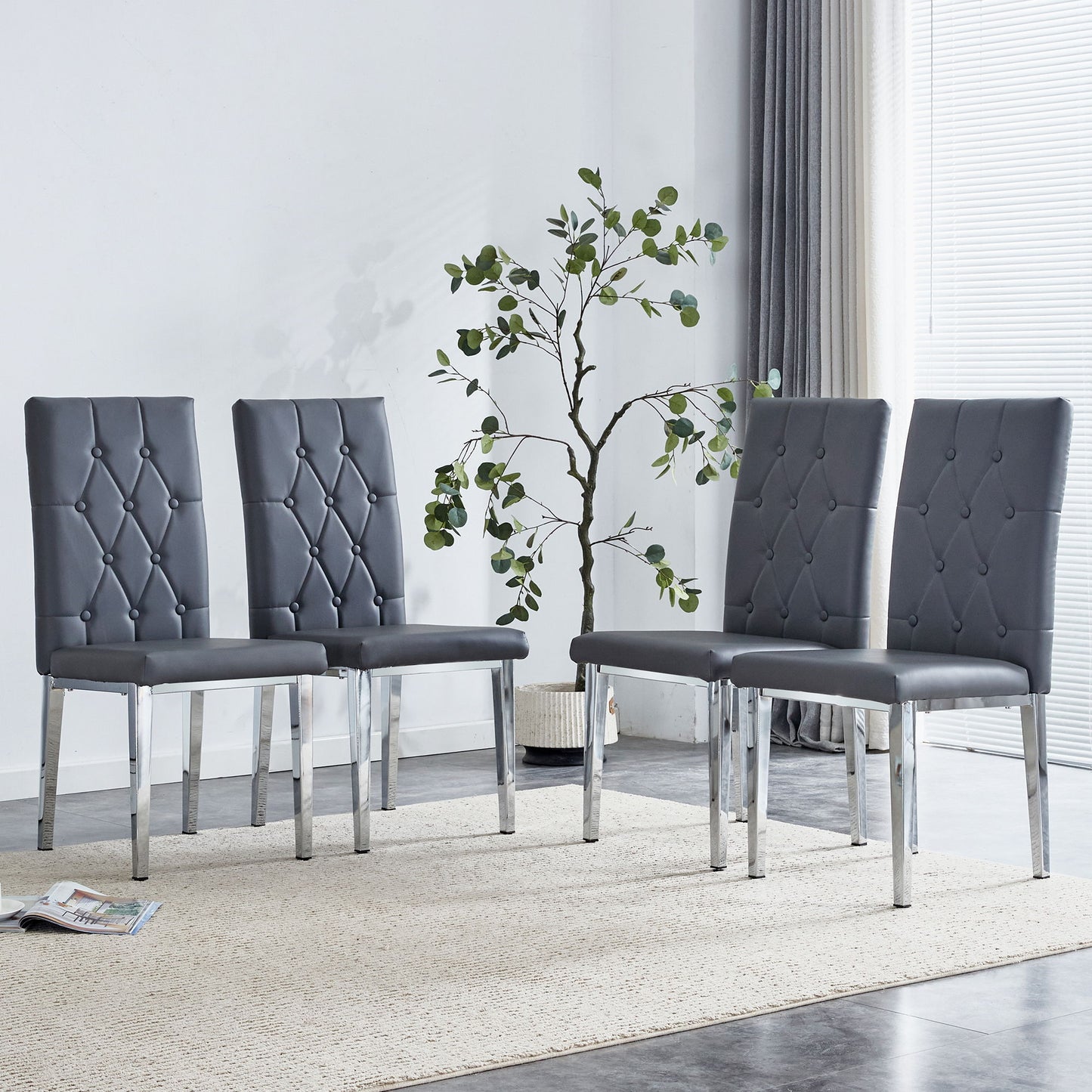 Vintage Style Armless Dining Chairs Set With Grid And Buckle Design