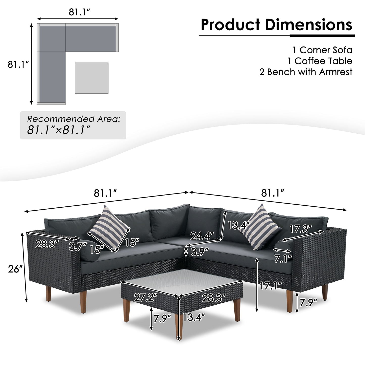 4 Pieces Outdoor Wicker L-Shape Sofa Set