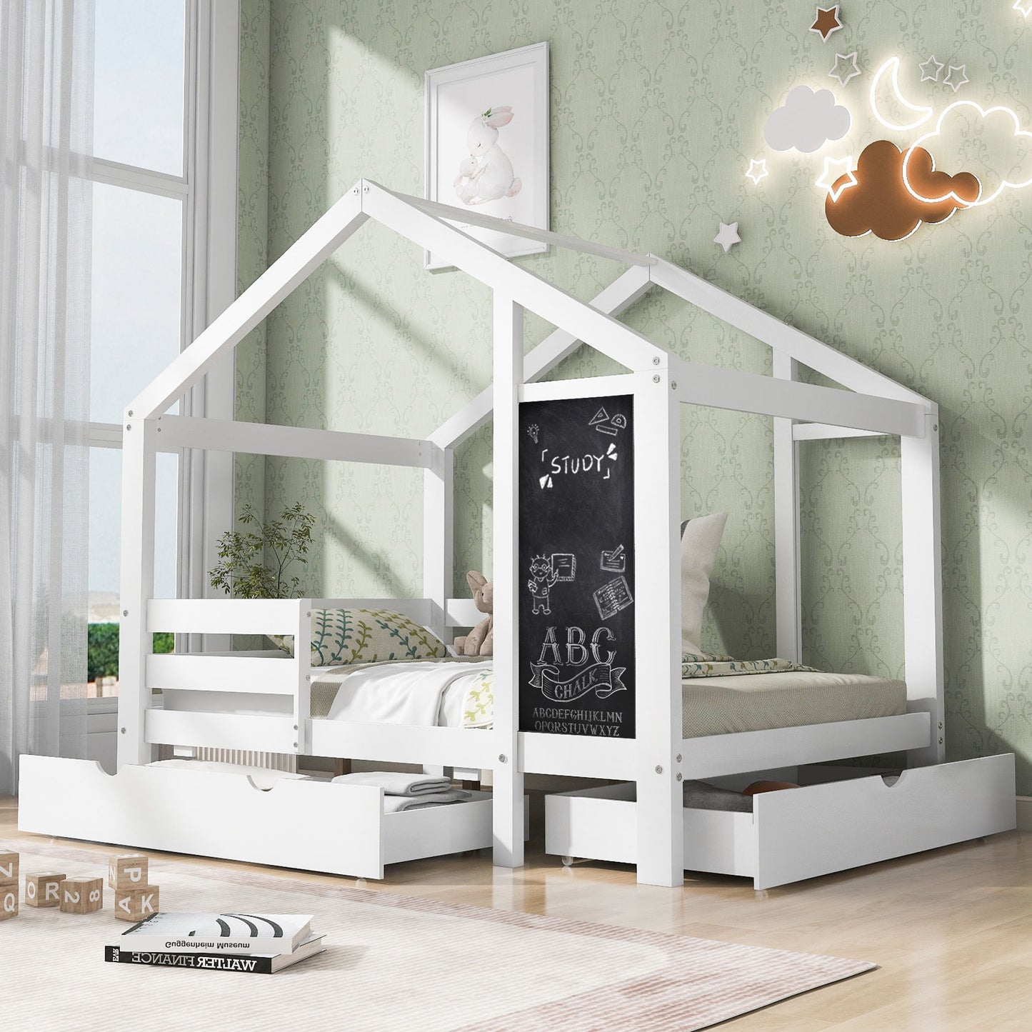 Twin House Bed With Blackboard And Drawers, 2 Assembly Options - White