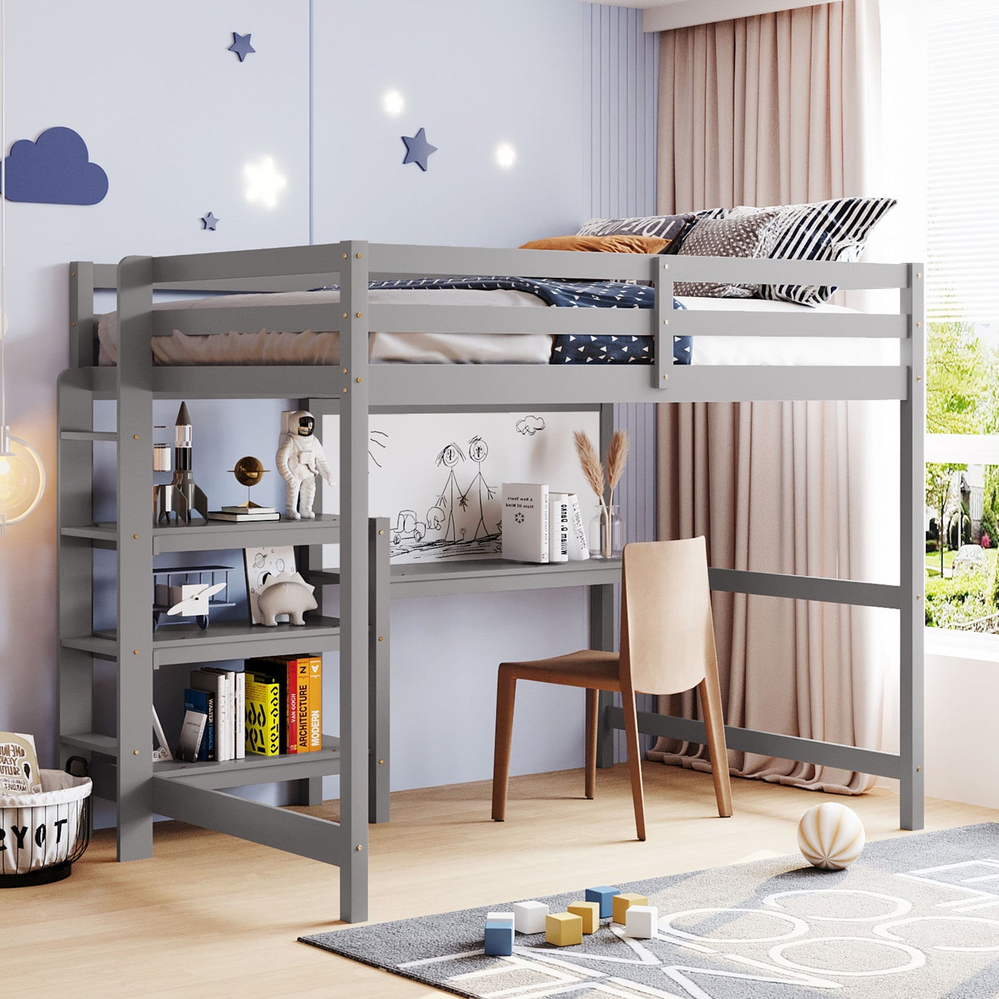 Loft Bed With Shelves, Desk And Writing Board