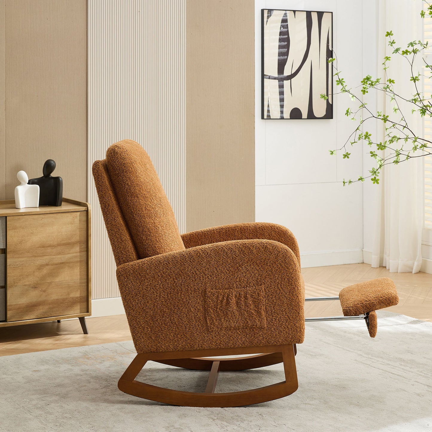High Back Glider Rocking Chair With Retractable Footrest And Rubber Wood Legs