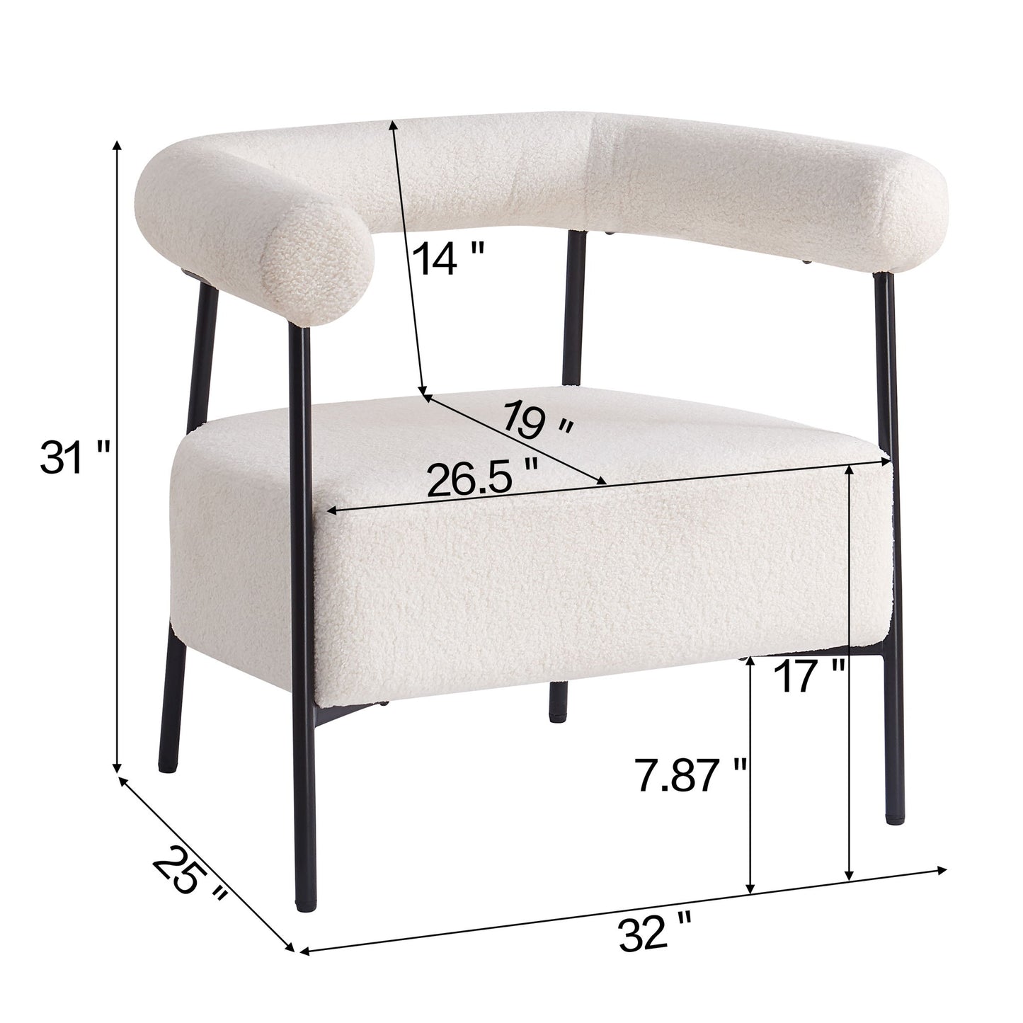 Modern Boucle Fabric Upholstered Accent Chair, Curved Armchair With Metal Frame - White