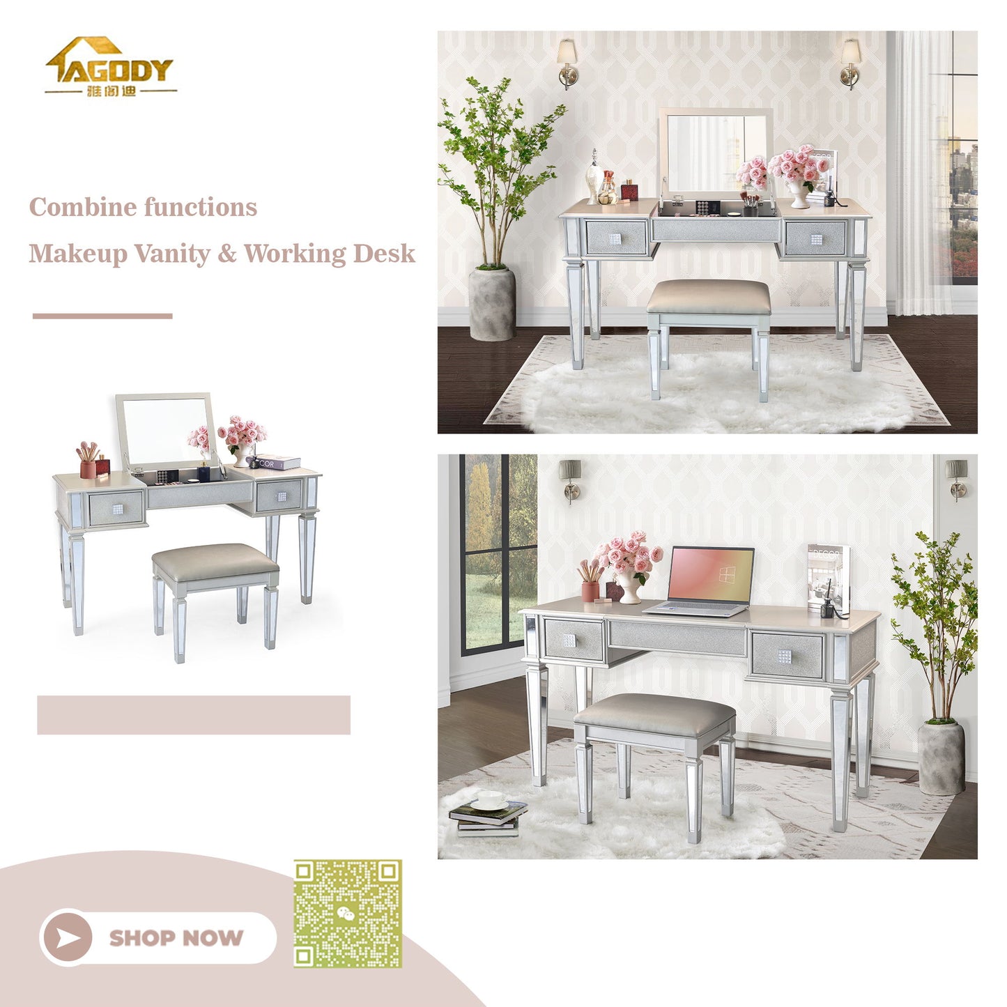 Mirrored Vanity Desk With Drawers And Stool, Flip Up Dressing Table Set For Makeup Room