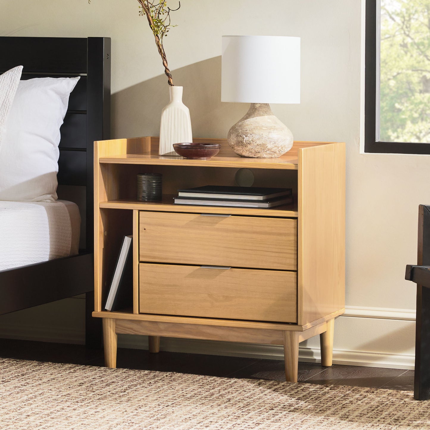 Mid-Century Modern Solid Wood 2 Drawer Gallery Nightstand