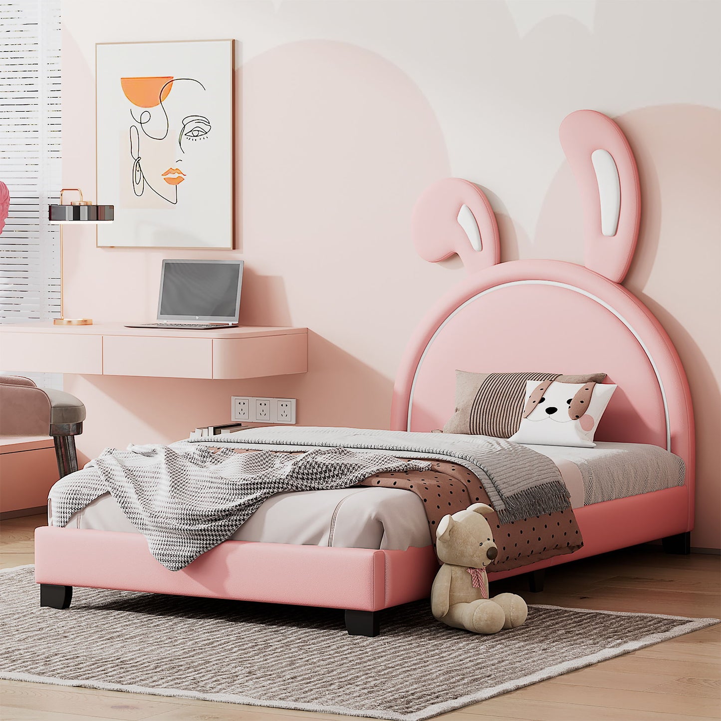 Upholstered Leather Platform Bed With Rabbit Ornament