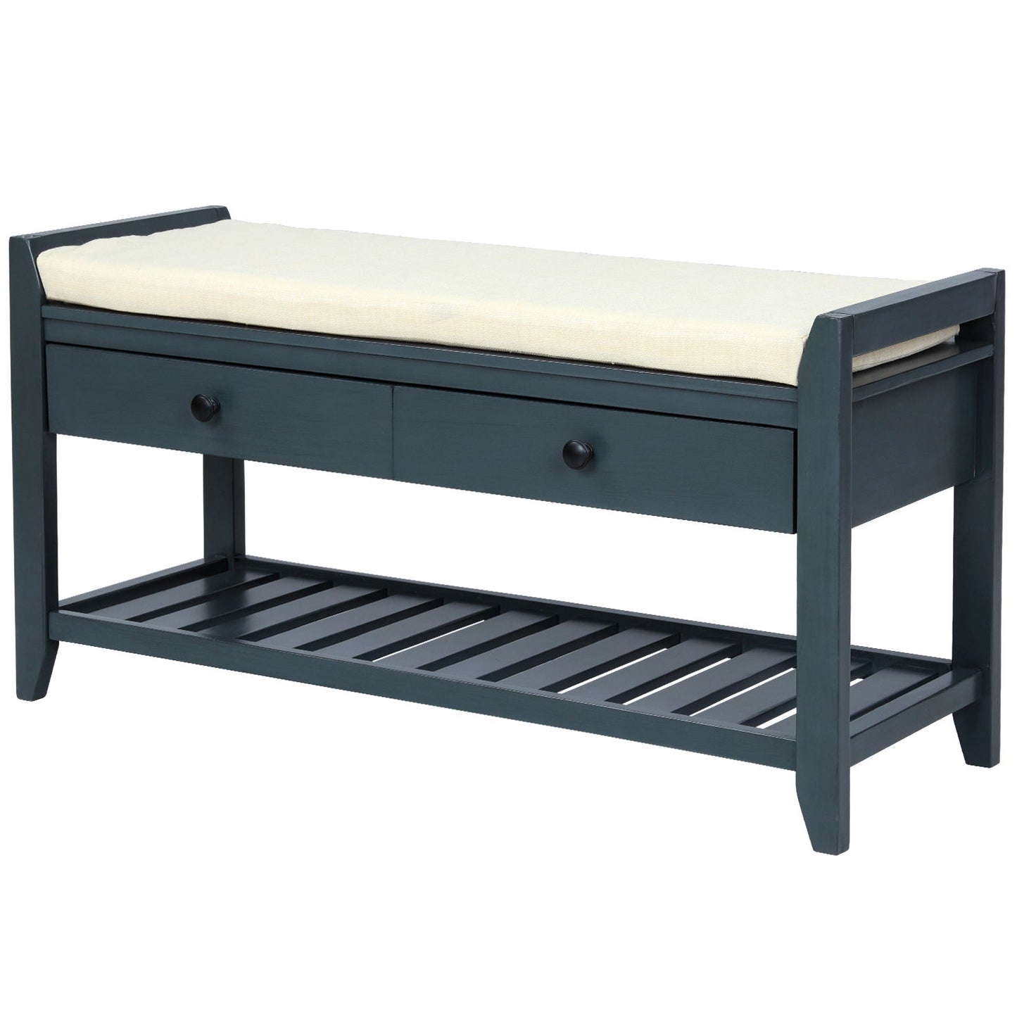 Multipurpose Entryway Shoe Rack With Cushioned Seat And Drawers