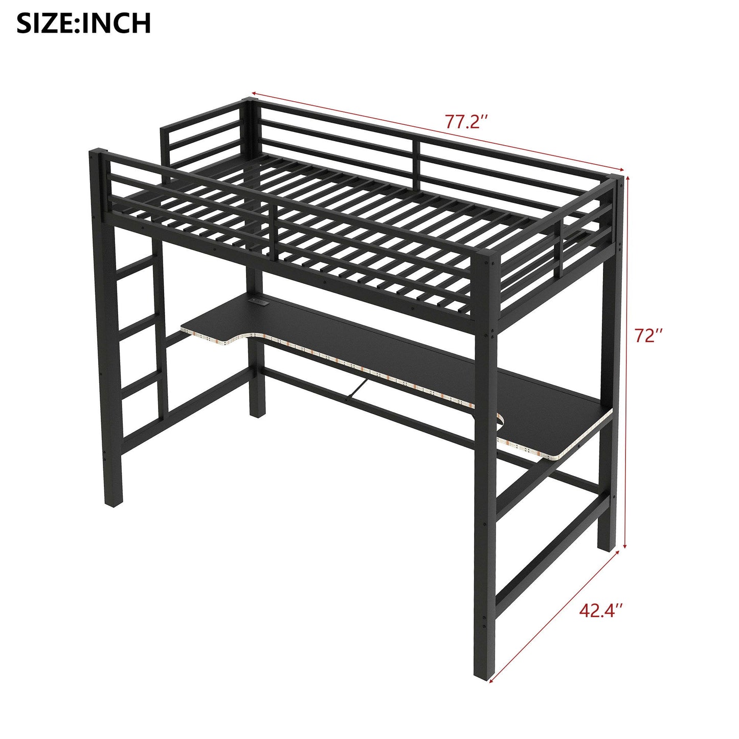Gaming Metal Loft Bed Frame With LED Light, USB Charge Station And Desk