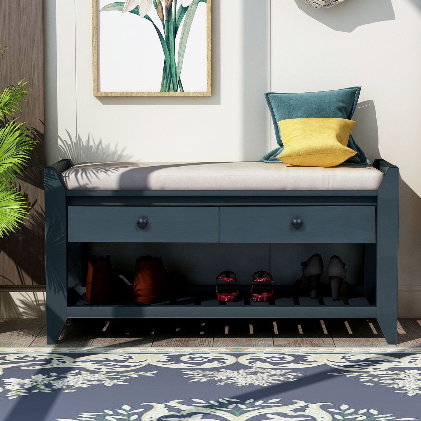 Multipurpose Entryway Shoe Rack With Cushioned Seat And Drawers
