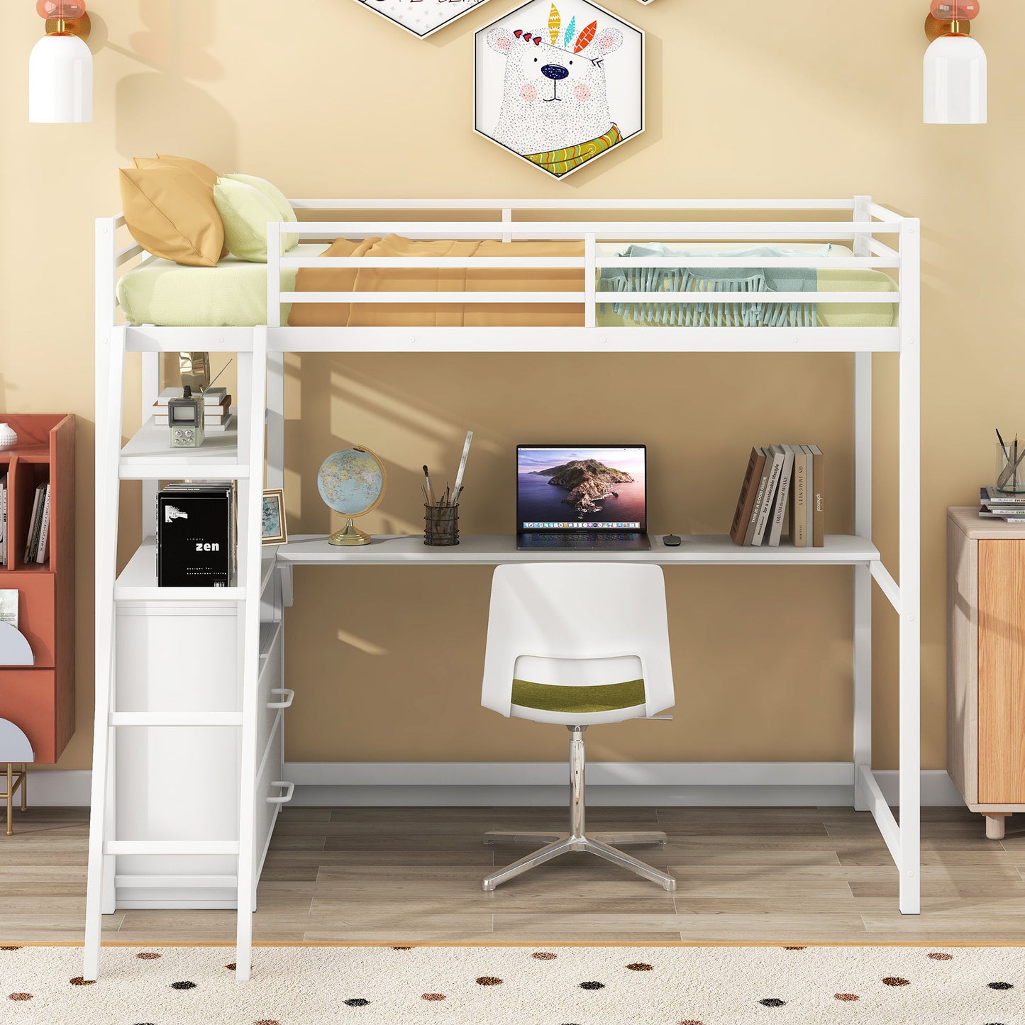 Twin Size Metal & Wood Loft Bed With Desk And Shelves - White