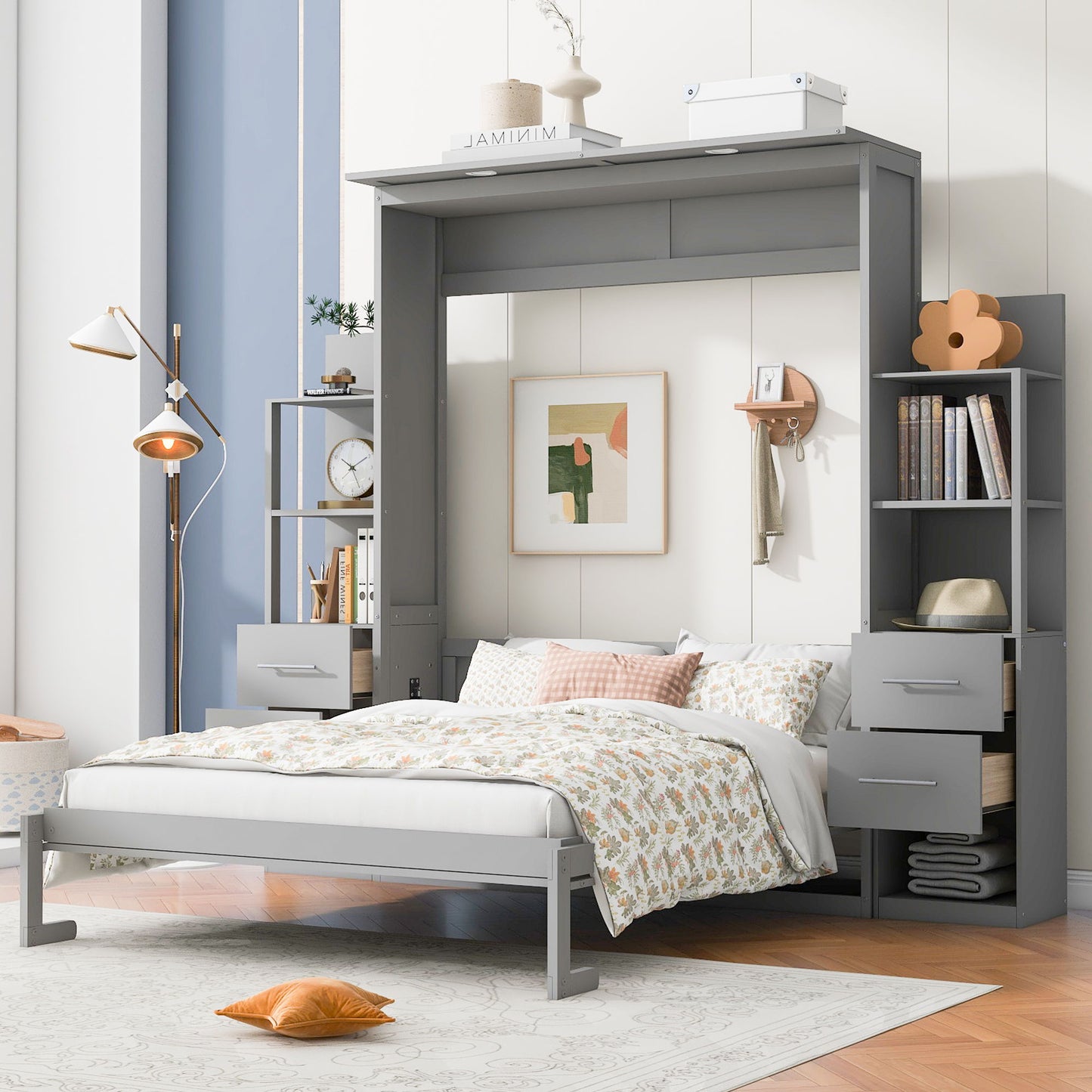 Murphy Wall Bed With Shelves, Drawers And LED Lights