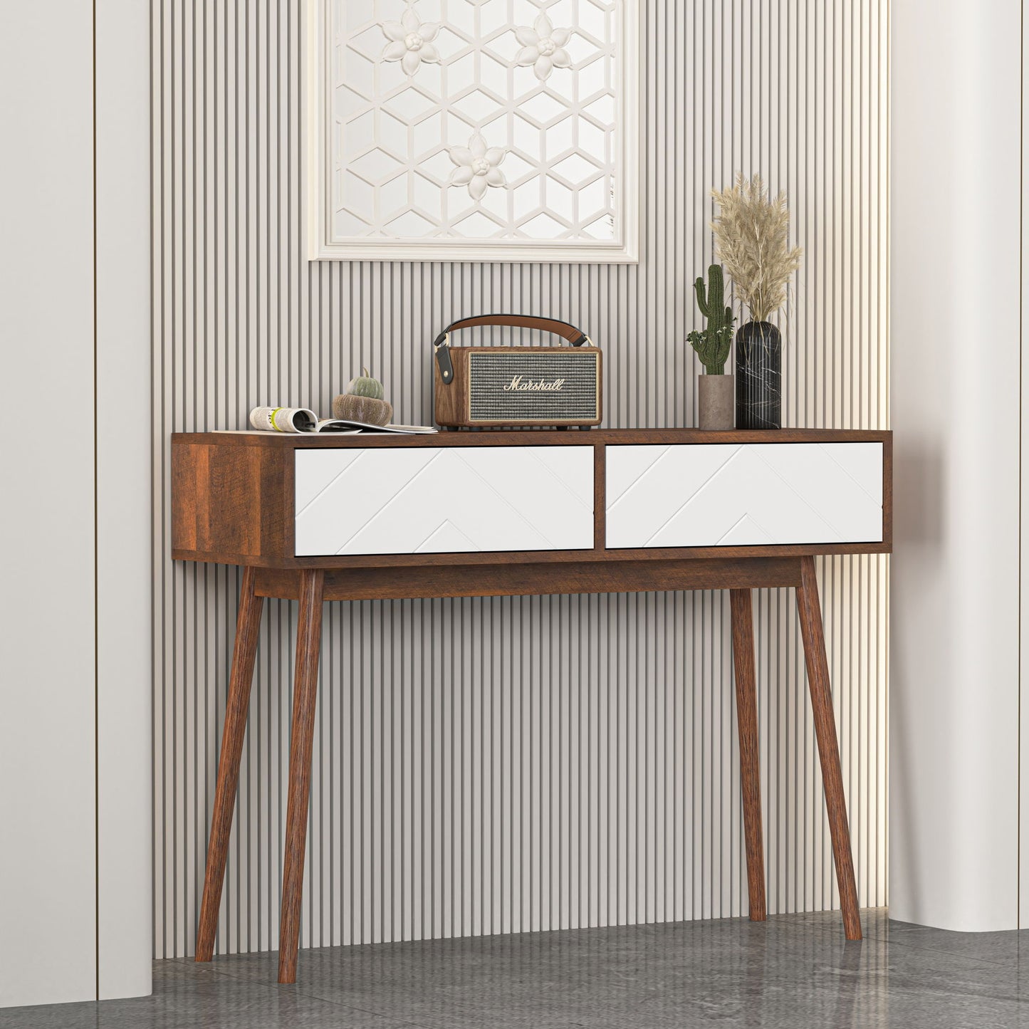 Rustic Entryway Console Table With Carved Panel Drawers And Wood Legs - Natural