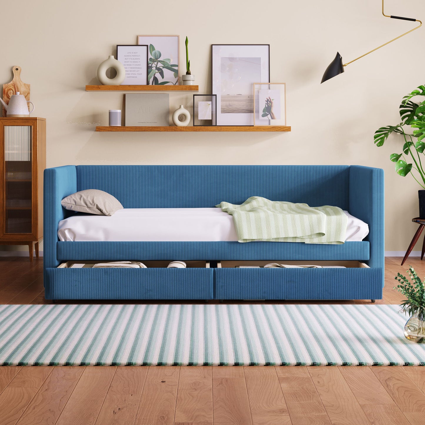 Corduroy Daybed With Two Drawers And Wood Slat
