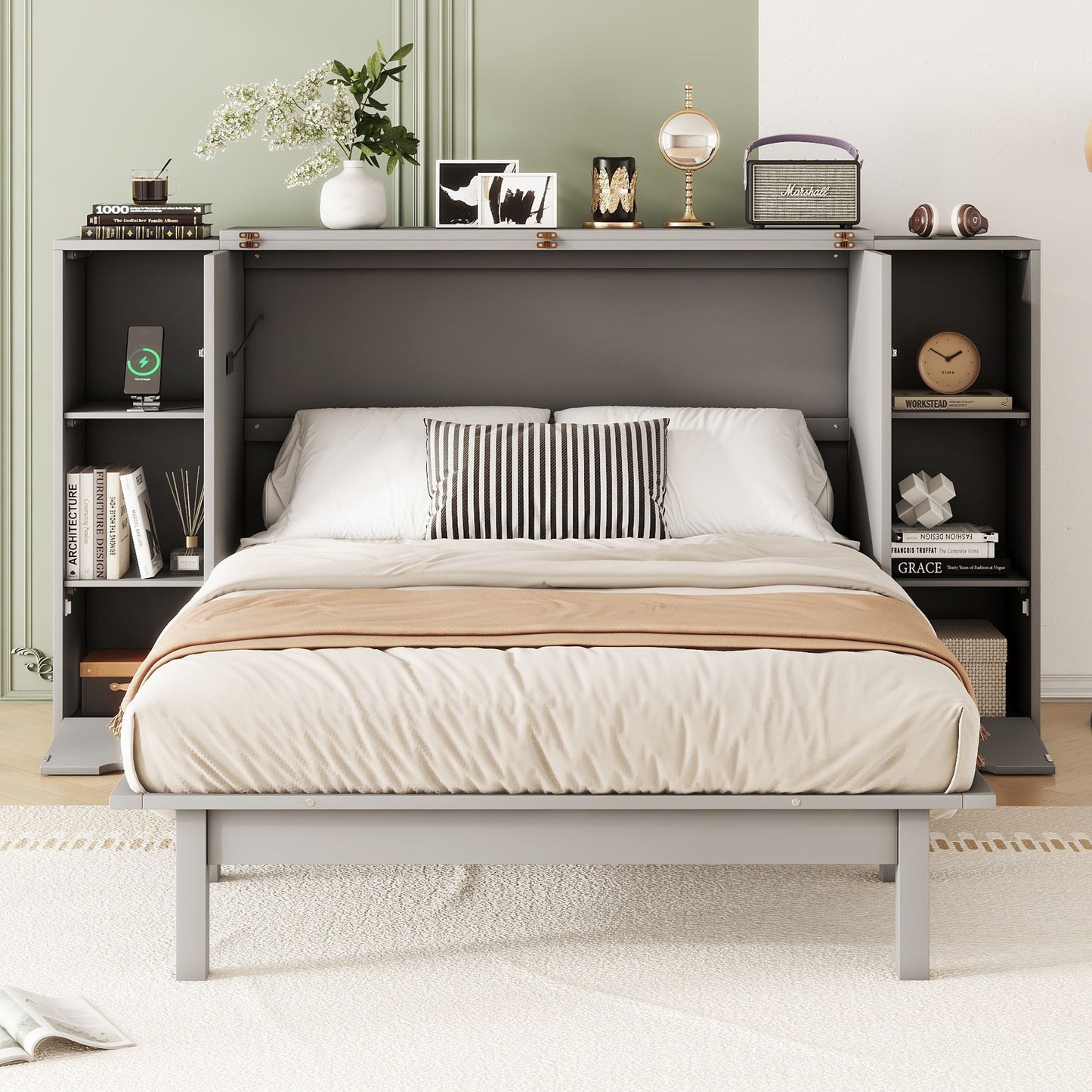 Murphy Bed With Shelves, Drawers And USB Ports