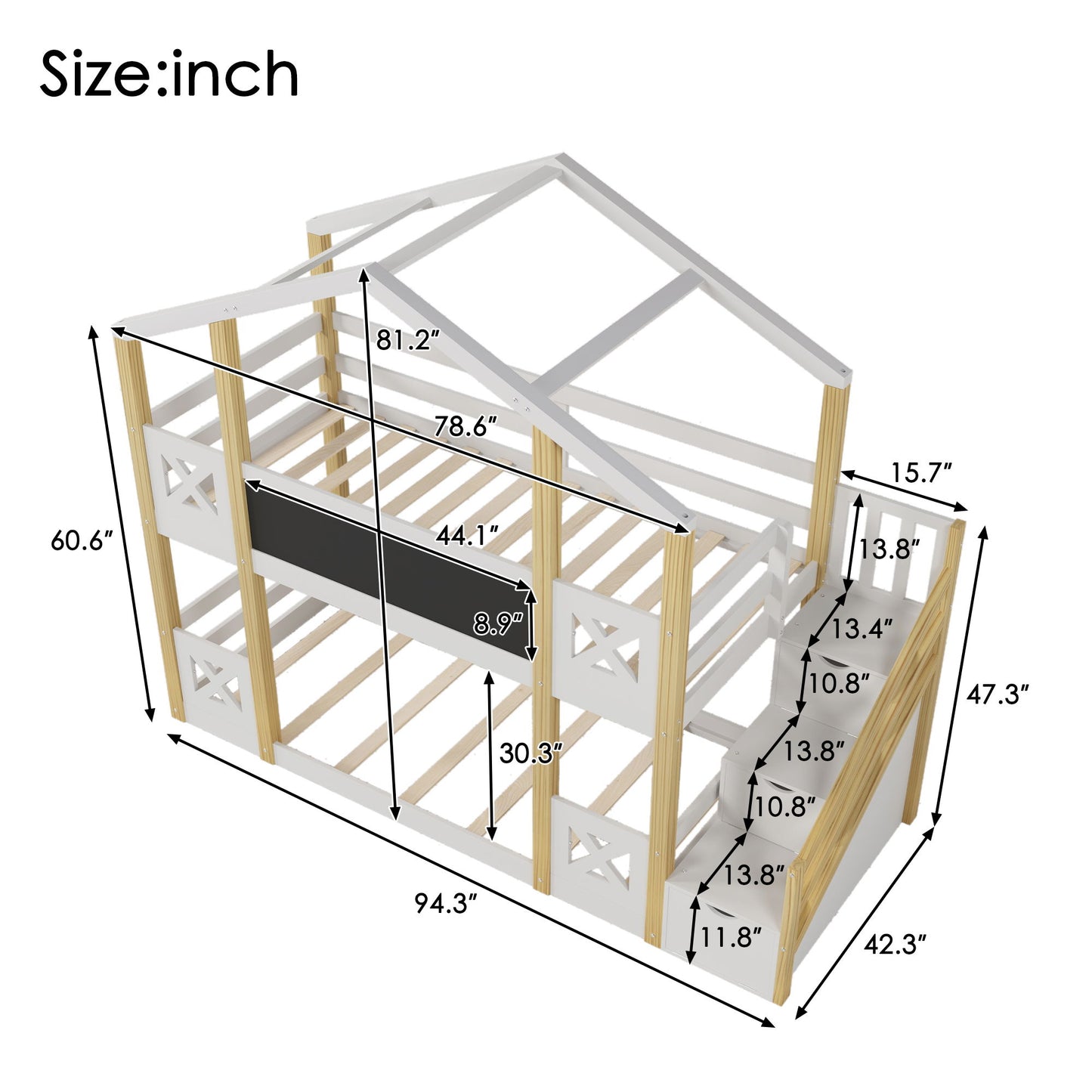 Twin Over Twin House Bunk Bed With White Storage Staircase And Blackboards - White