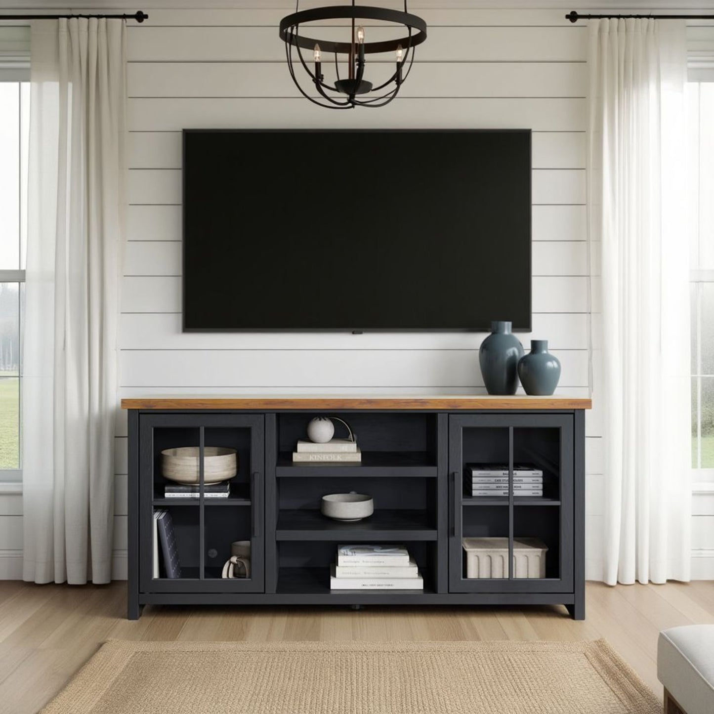 Essex - TV Stand Console For TVs Up To 80" - Black, Whiskey