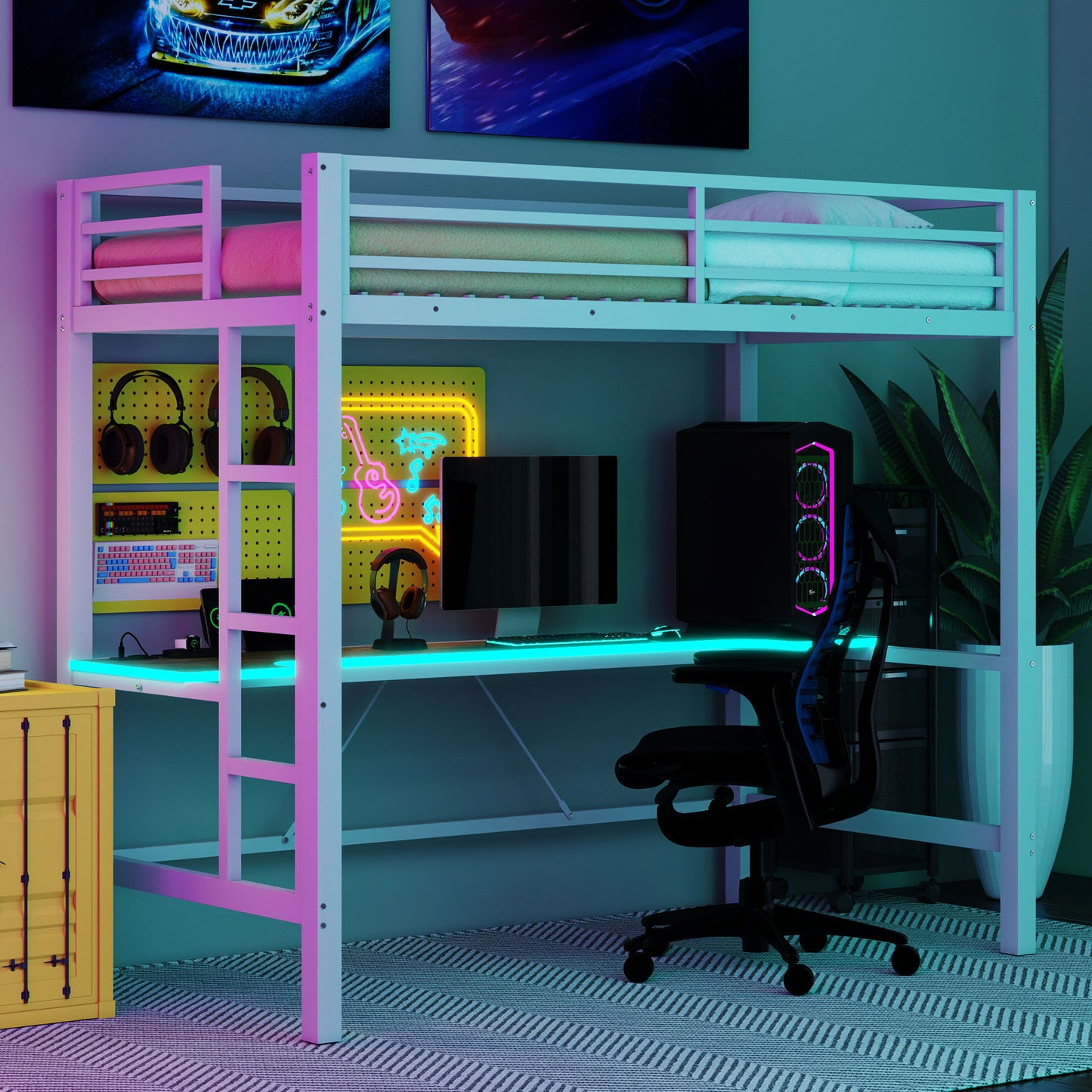 Gaming Metal Loft Bed Frame With LED Light, USB Charge Station And Desk
