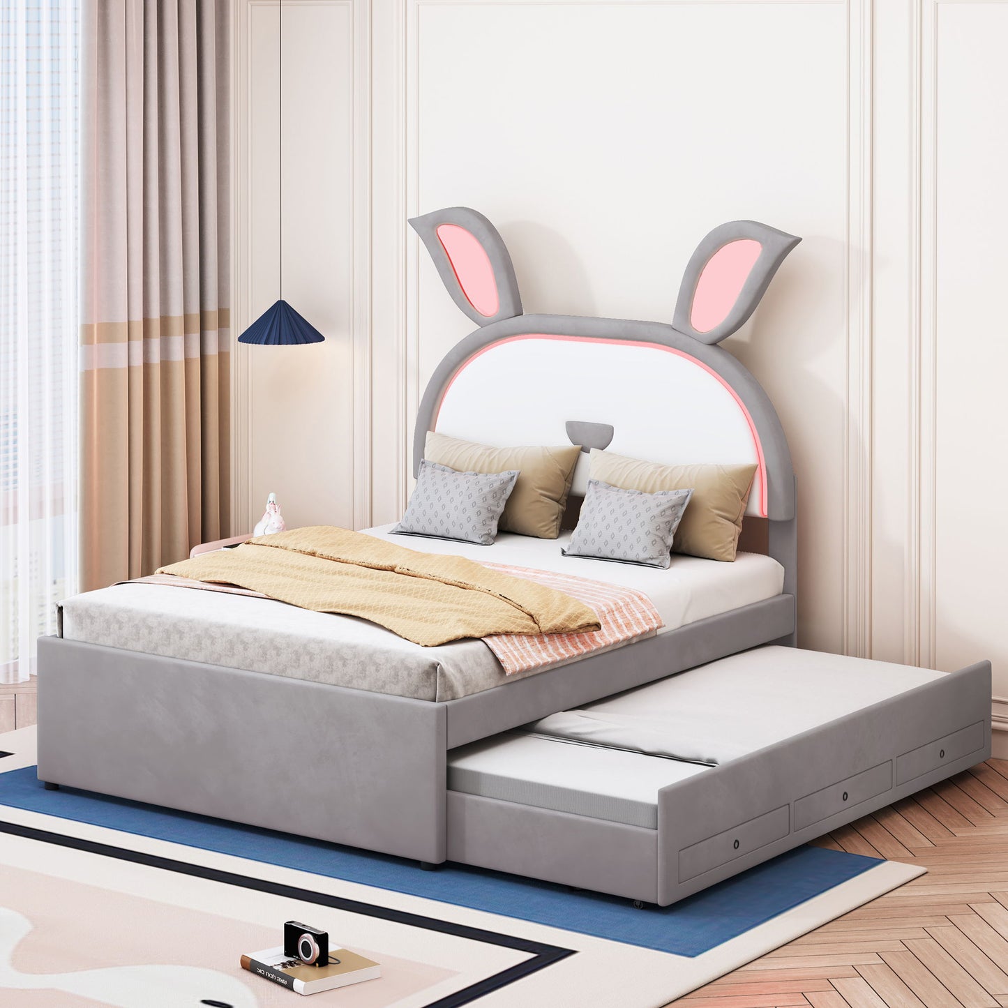 Upholstered Platform Bed With Trundle And 3 Drawers, Rabbit-Shaped Headboard With Embedded LED Lights