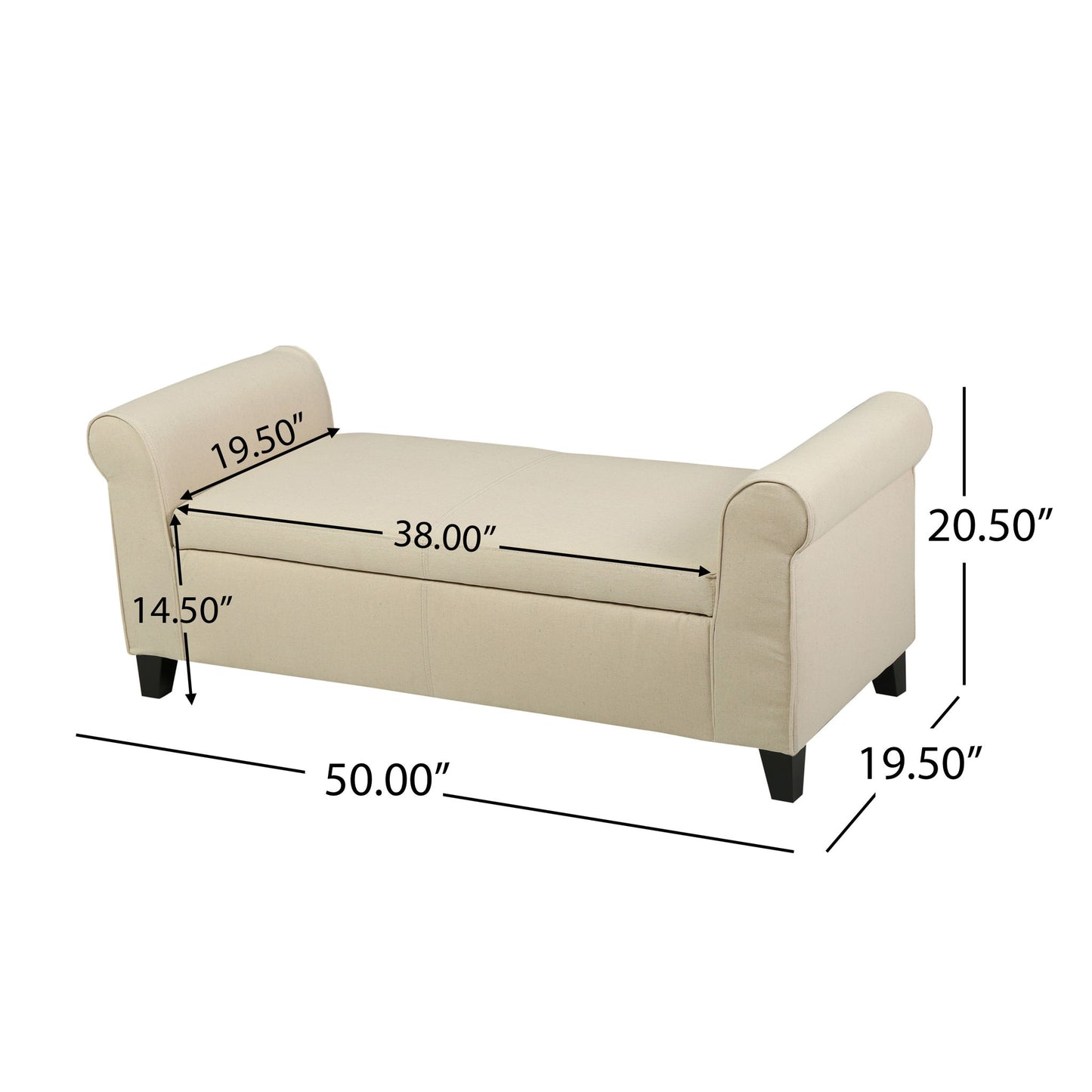 Glistening - Upholstered Storage Bench With Rolled Arms And Wood Legs - Beige