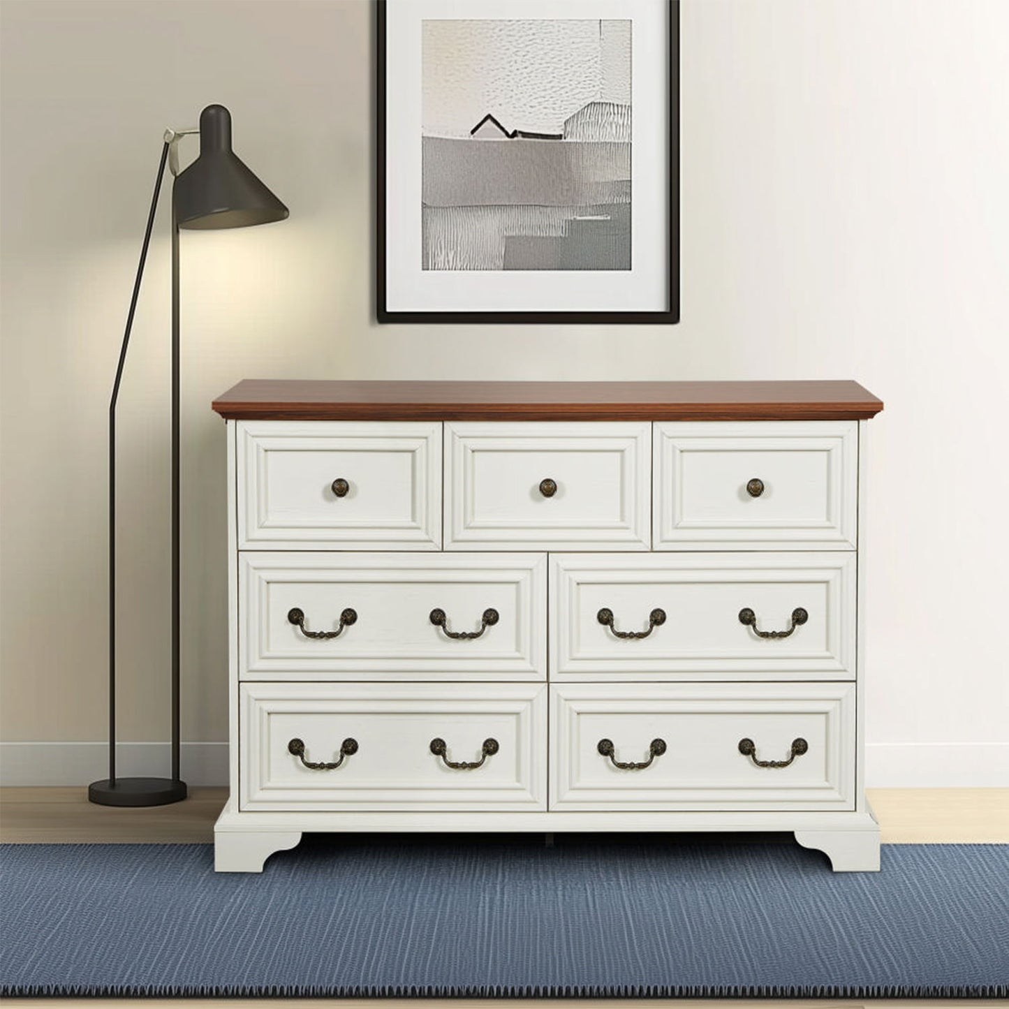 Farmhouse Vintage 7 Drawers Dresser With Natural Texture