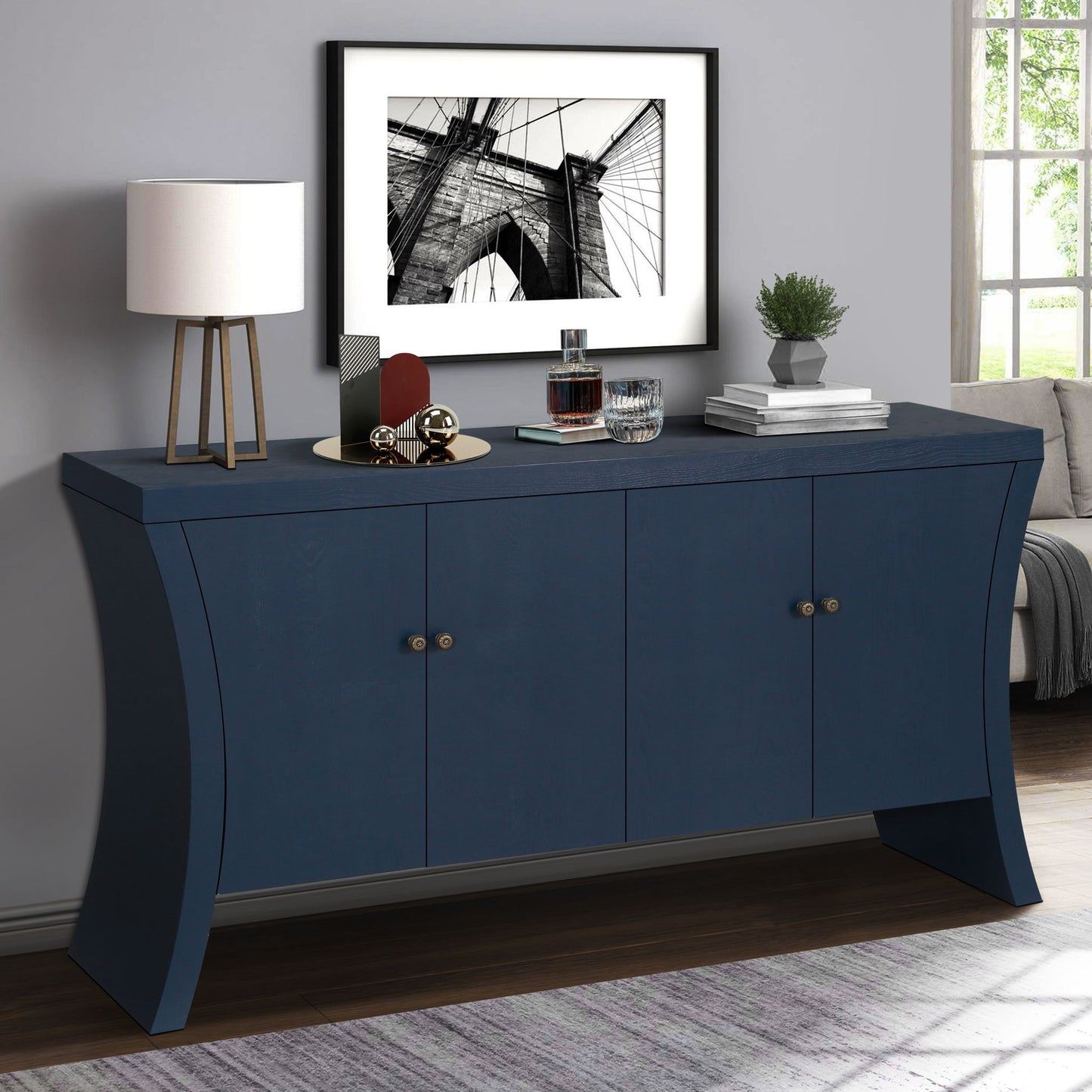 Refined Industrial 4 Door Credenza With Arc Legs & Bronze Clasps
