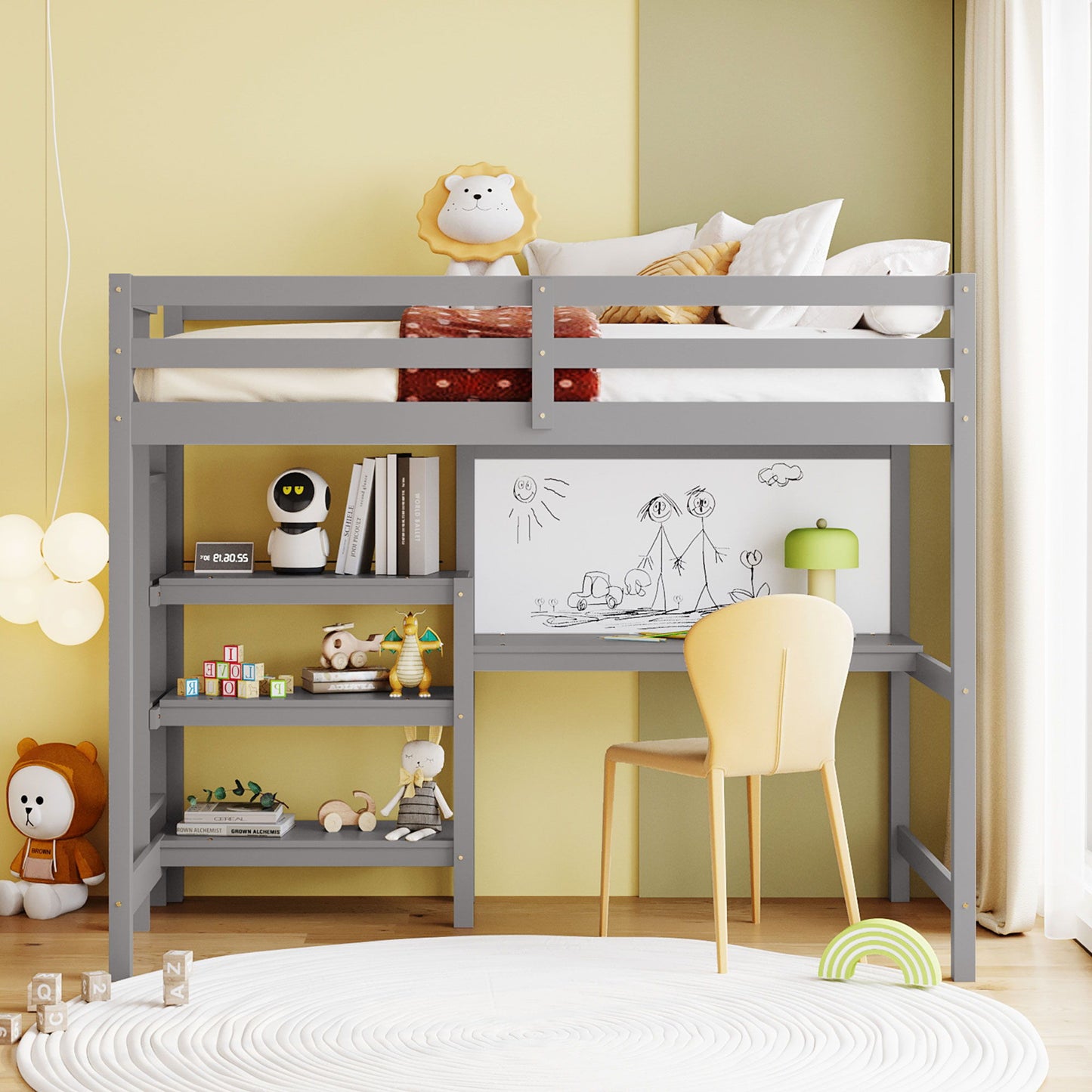 Loft Bed With Shelves, Desk And Writing Board