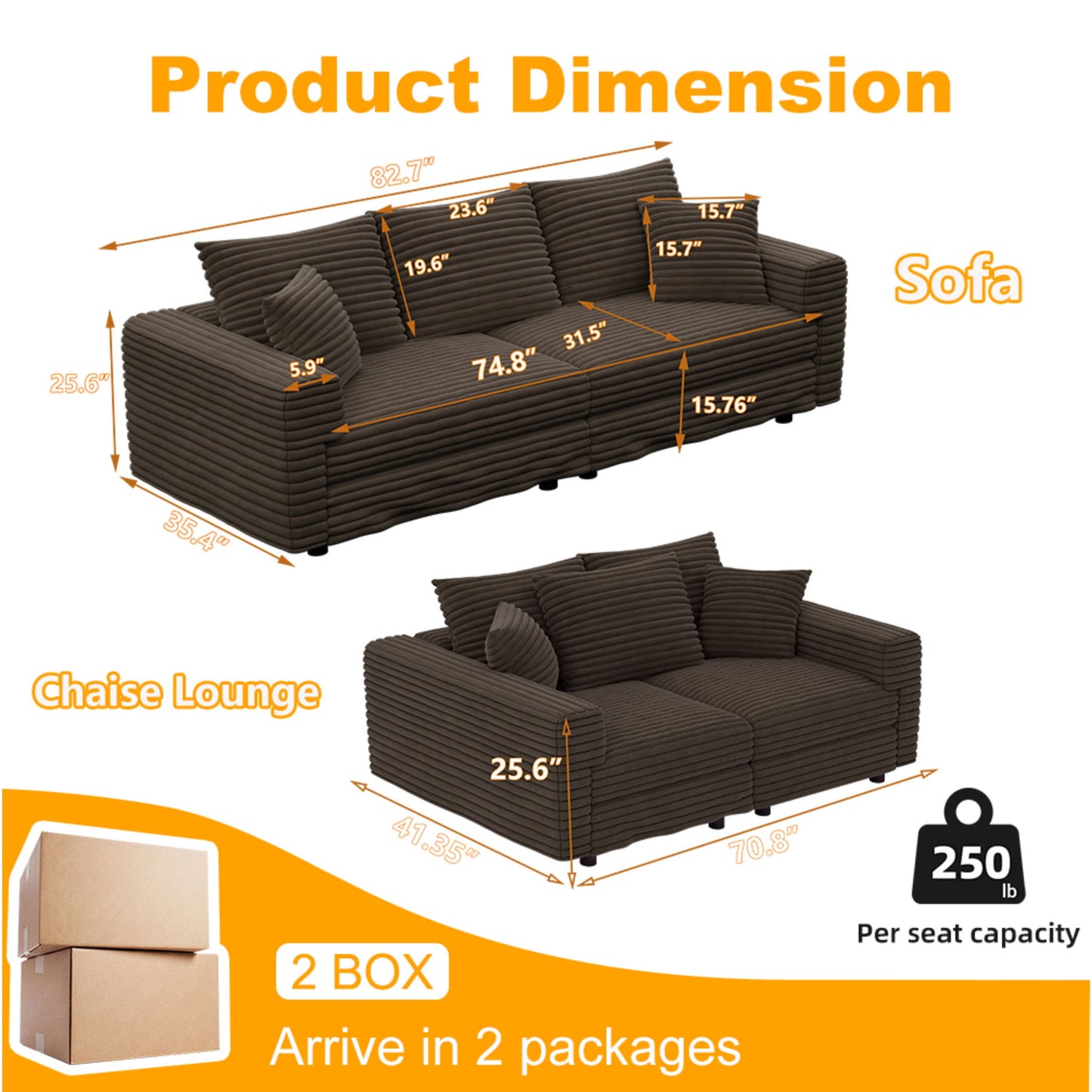 Plush Corduroy 4 Seat Sofa, Modern Comfy Upholstered Sofa Cloud Couch, Deep Seat Couches With Soft Pillows