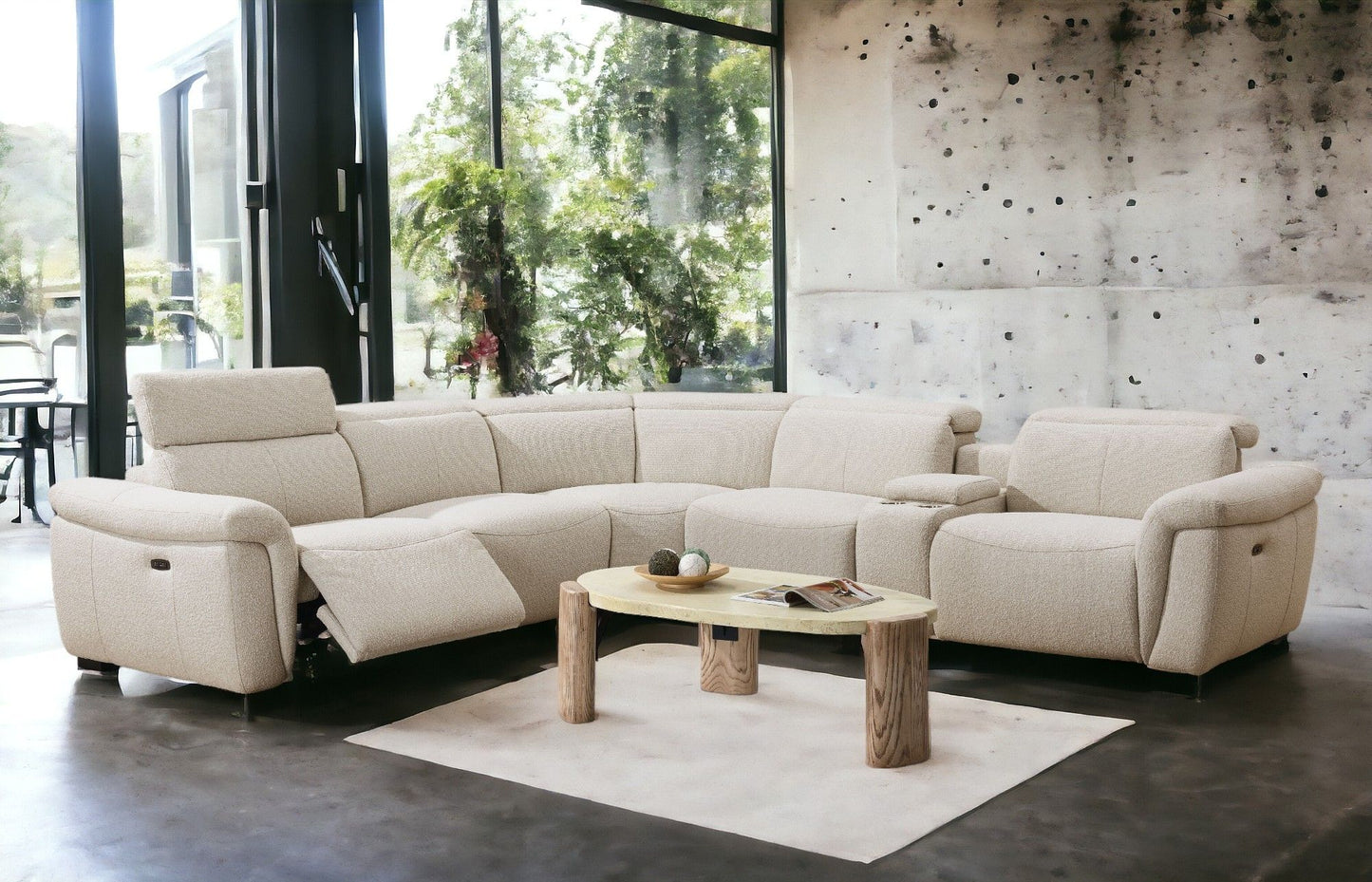 Dayana - Boucle Power Recliner Sectional Sofa For 5 People With Cupholder Console Adjustable Headrest - Beige