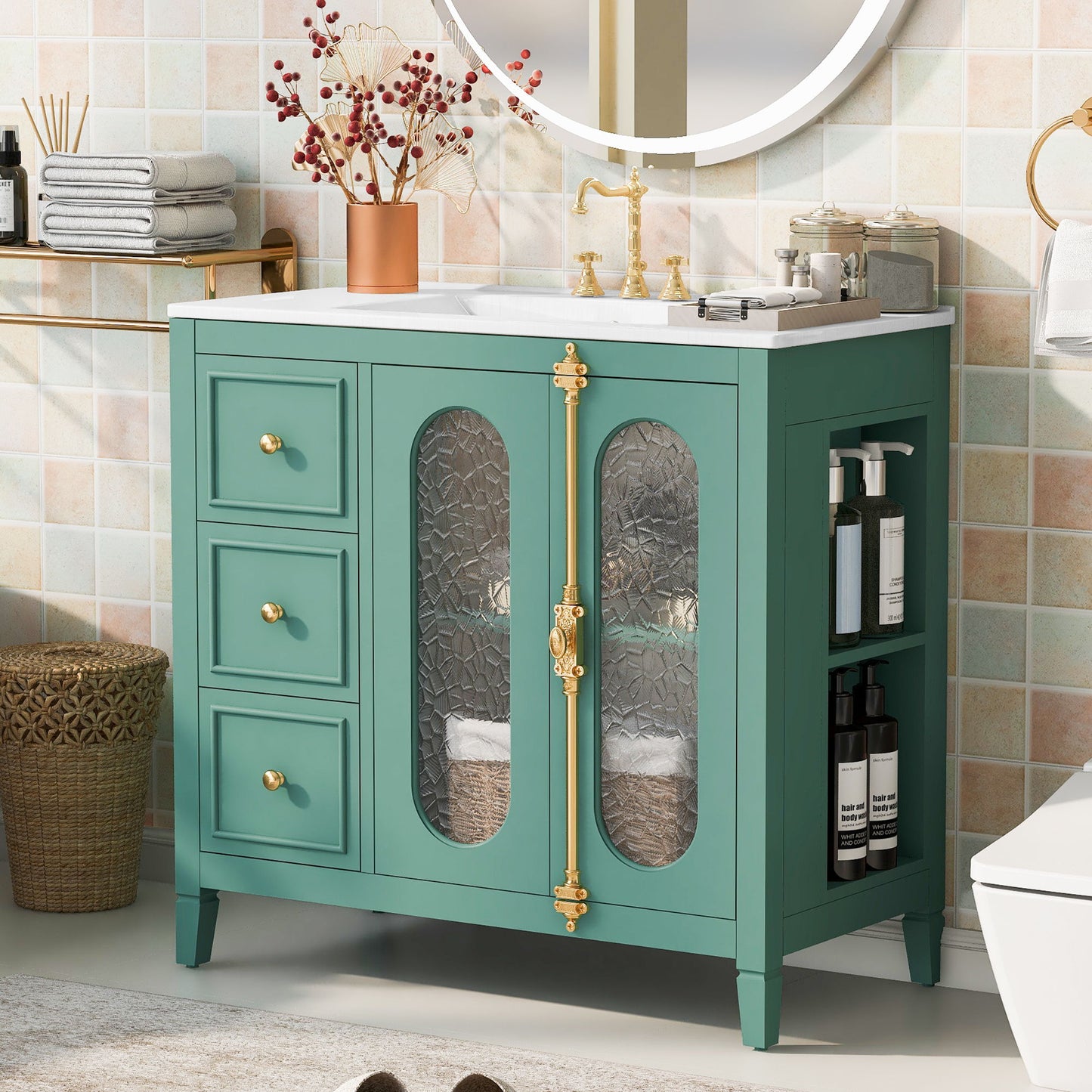 Bathroom Vanity With 3 Drawers And 2 Soft Close Doors Cabinet - Lake Green