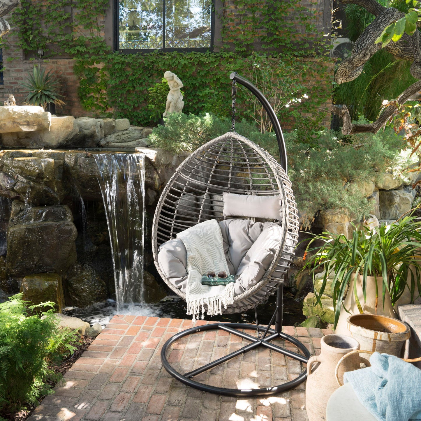 Hanging Basket Chair With Metal Frame And Seat Cushion
