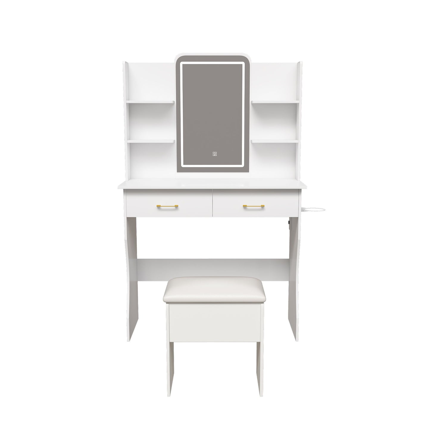 Vanity Desk With LED Lights Mirror, Power Outlet, Storage Drawers & Chair - White