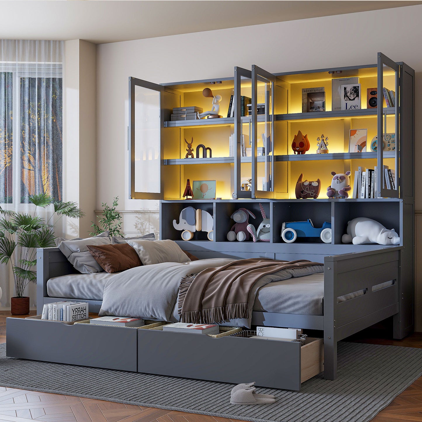 Daybed With Glass Door Storage Cabinets, Built In LED Lighting And Shelves