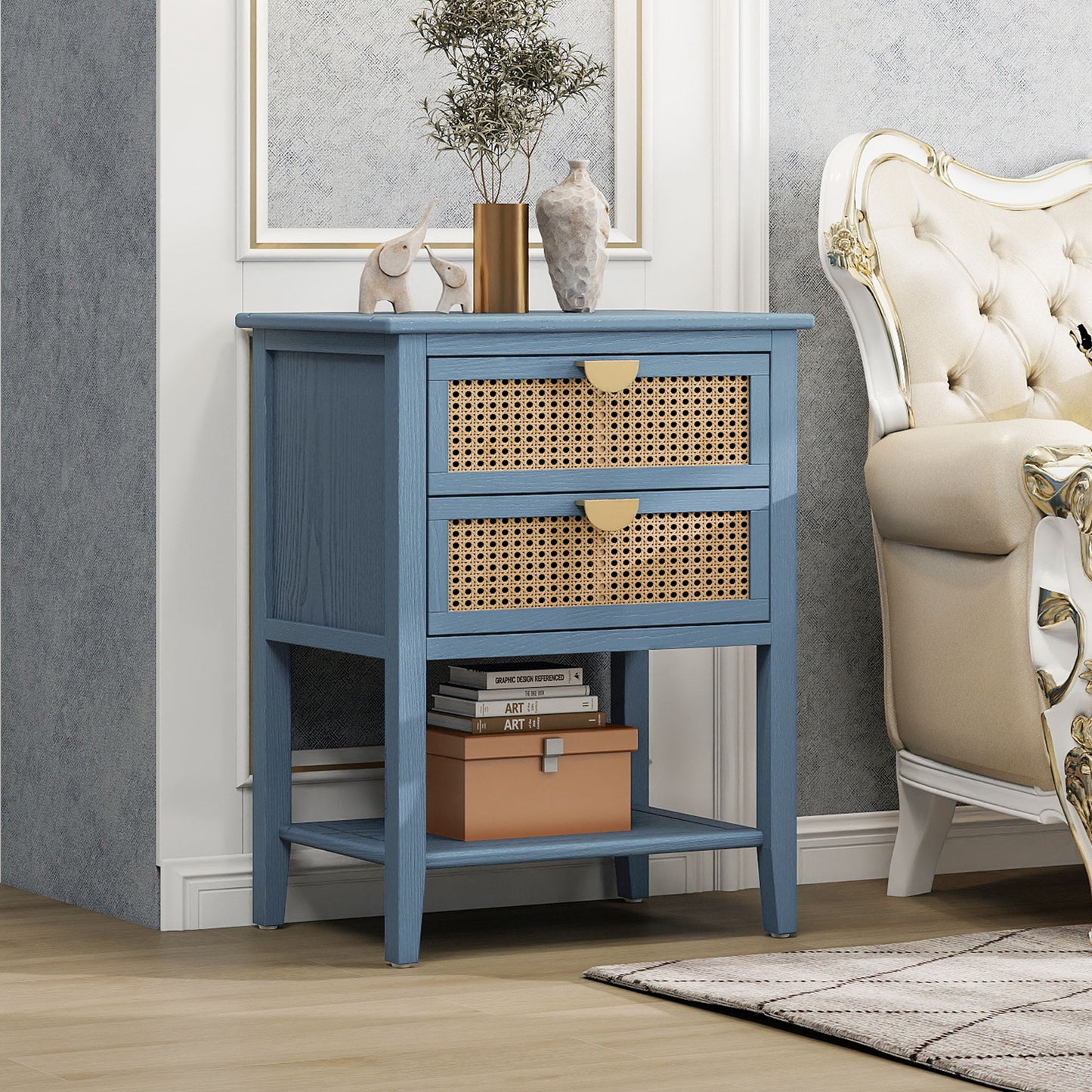 2 Drawer Side Table, Natural Rattan