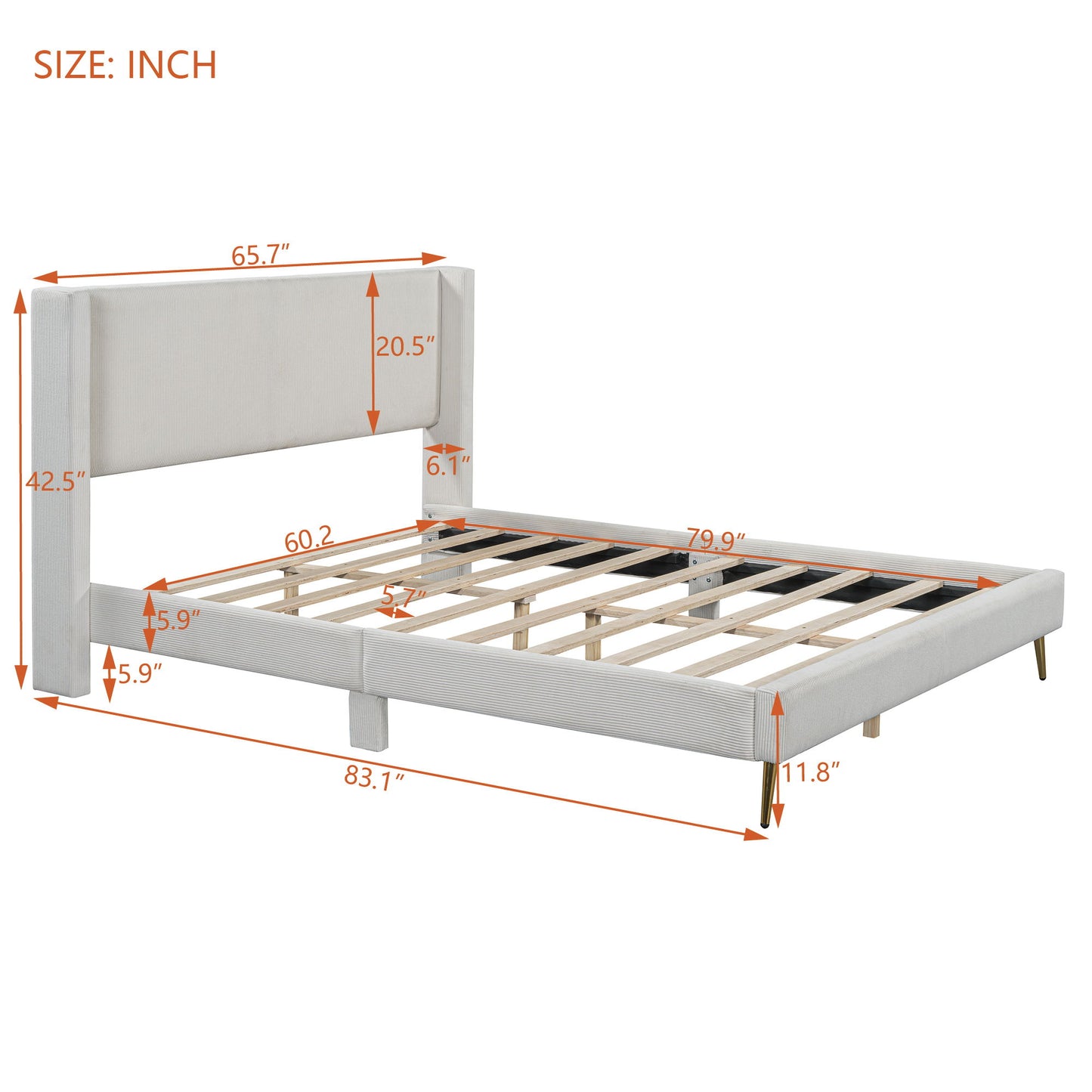 Platform Contemporary Bed With Legs And Upholstered Headboard