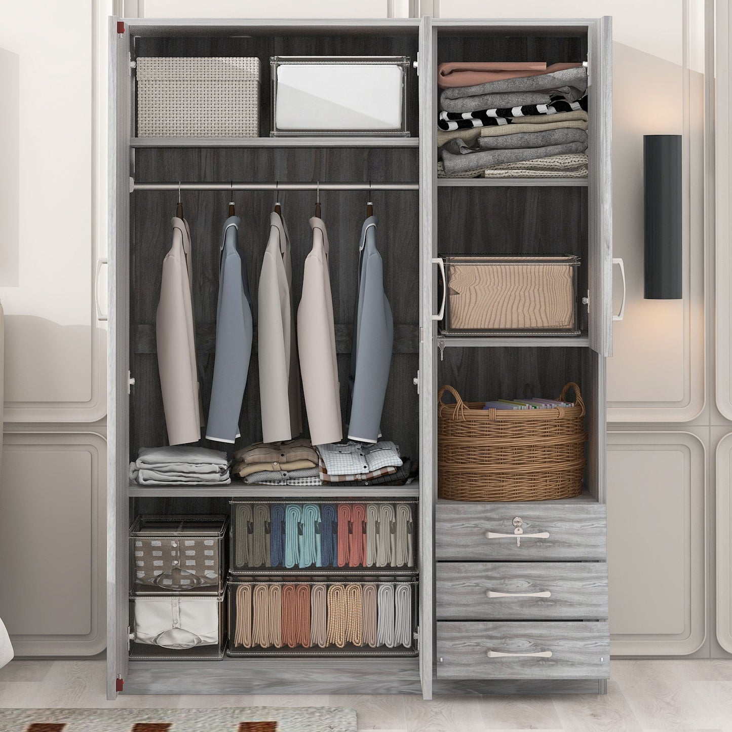 2 Doors Wardrobe Storage For Bedroom With Shelves And 3 Drawers