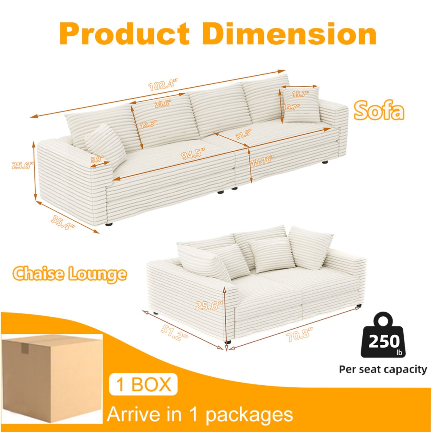 Plush Corduroy 4 Seat Sofa, Modern Comfy Upholstered Sofa Cloud Couch, Deep Seat Couches With Soft Pillows