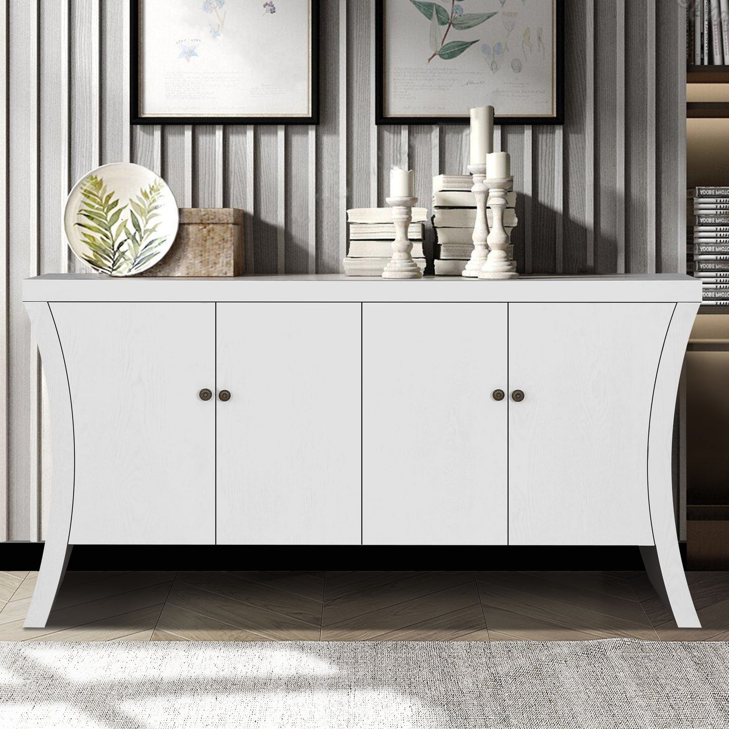 Refined Industrial 4 Door Credenza With Arc Legs & Bronze Clasps