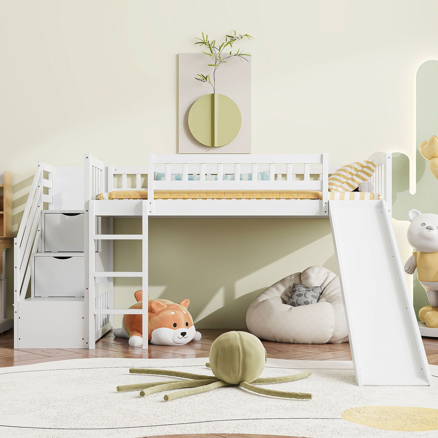 Loft Stairway Bed With 2 Drawers, Convertible Ladder And Slide