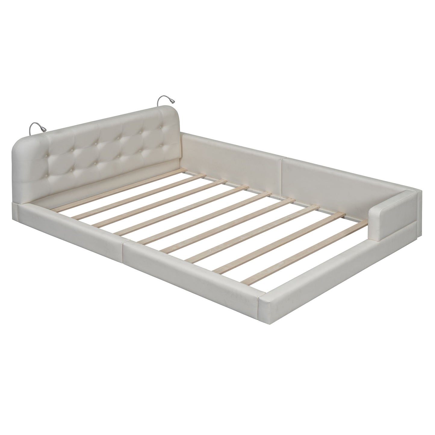 Queen Size Upholstered Platform Bed With 2 Reading Lights - White