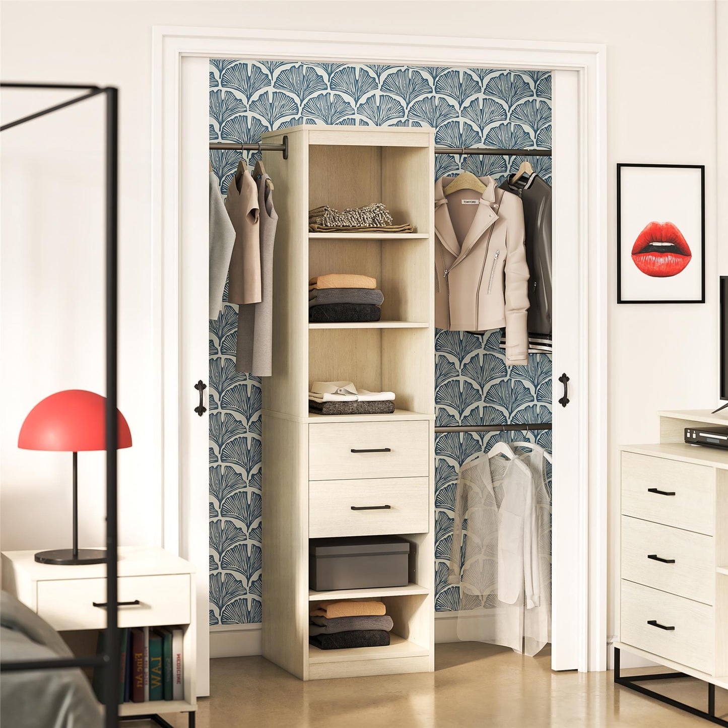 Kelly - 5 Shelf 2 Drawer Closet Organizer With 3 Adjustable Hanging Rods - Ivory